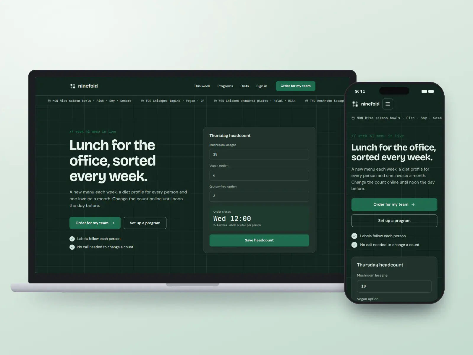 Ninefold Kitchen, a basil green office meal program website with a weekly menu ticker and a headcount panel on a dark hero, shown on a laptop and a phone.