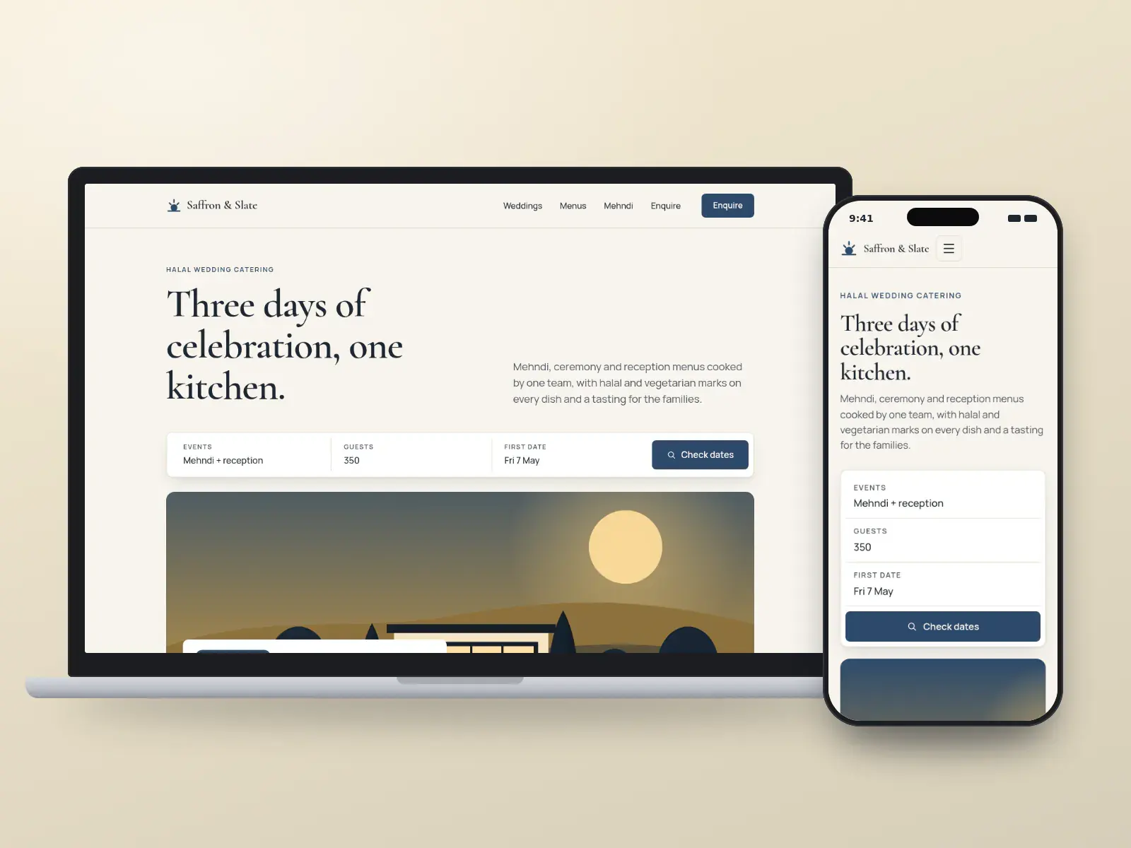 Saffron & Slate, a saffron and slate blue wedding catering website with an enquiry bar by event day and a wide illustration of a lantern-lit garden path, shown on a laptop and a phone.