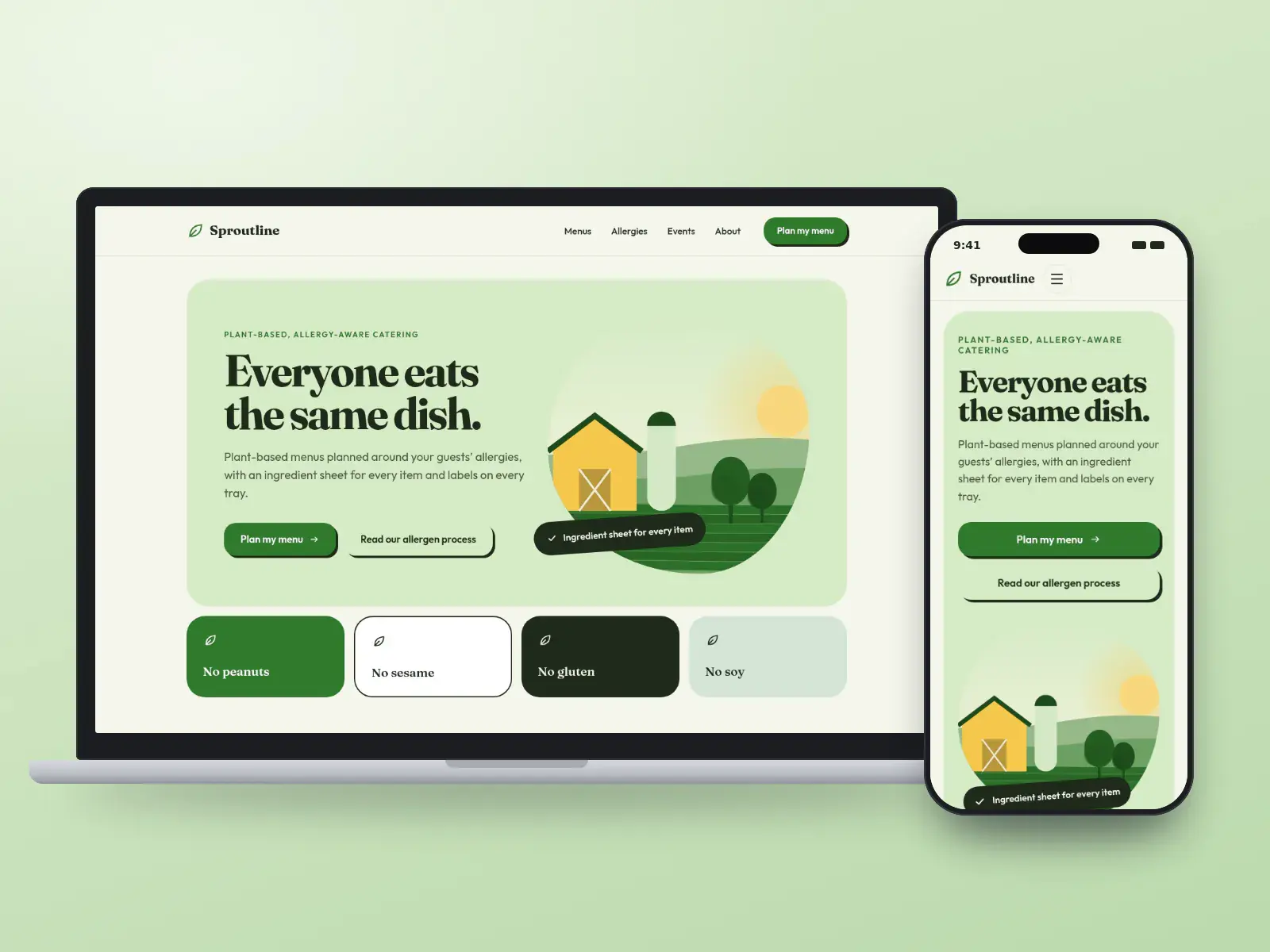 Sproutline, a pea-shoot green and oat plant-based catering website with a rounded farm illustration, a sticker for ingredient sheets and big allergen tiles, shown on a laptop and a phone.
