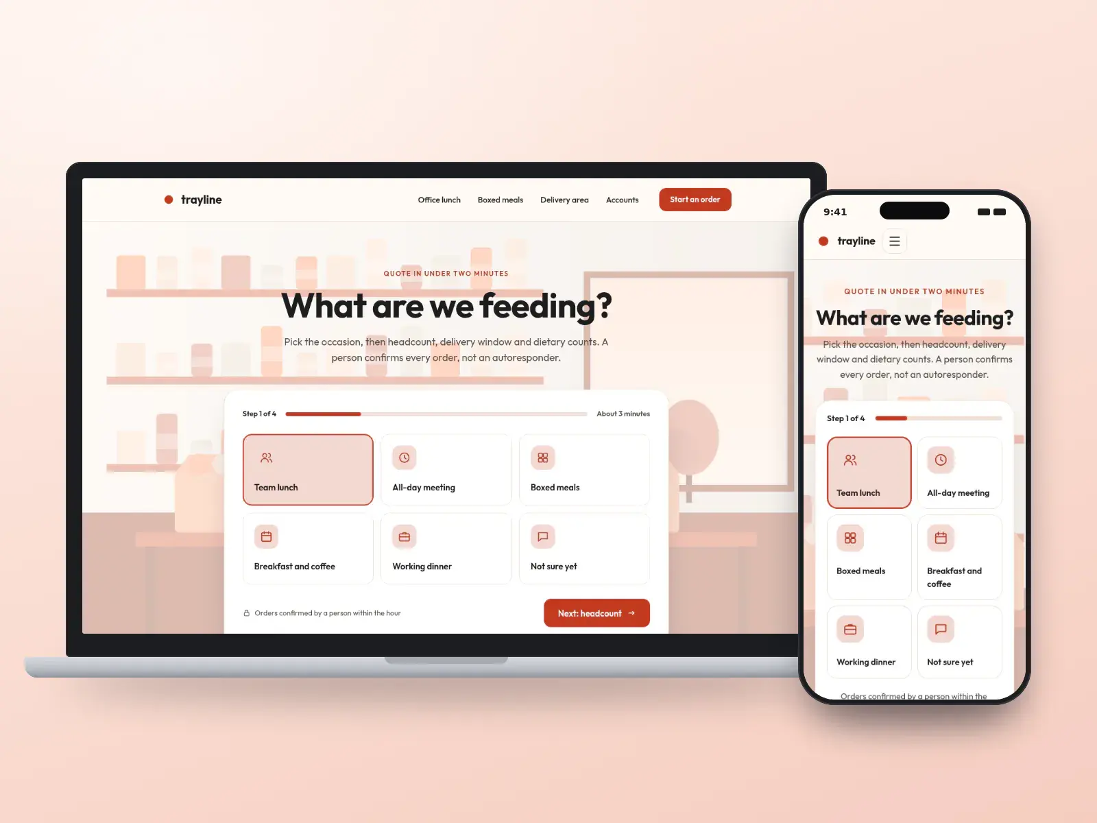 Trayline, a tomato red and white corporate catering website with a step-by-step order chooser over boxed meals ready for delivery, shown on a laptop and a phone.