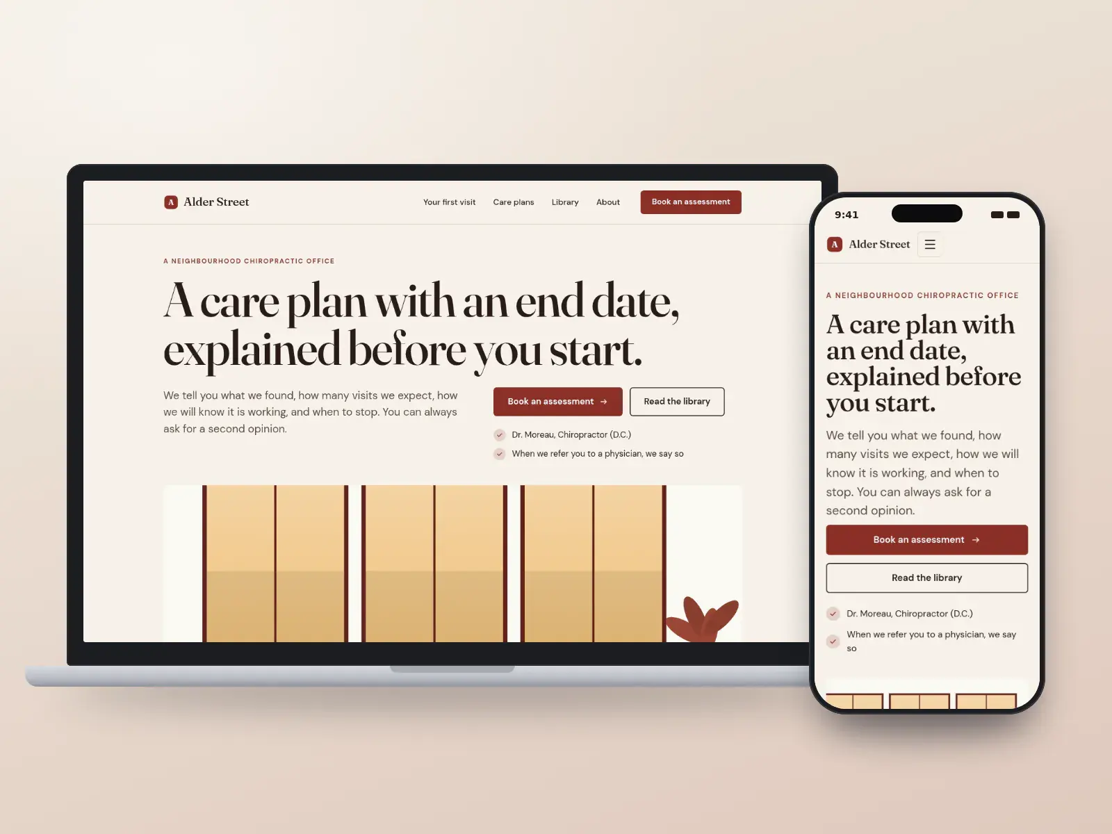Alder Street Chiropractic, an oxblood and oat editorial chiropractic website with a large serif headline about care plans and a wide drawing of a calm consultation room, on a laptop and a phone.