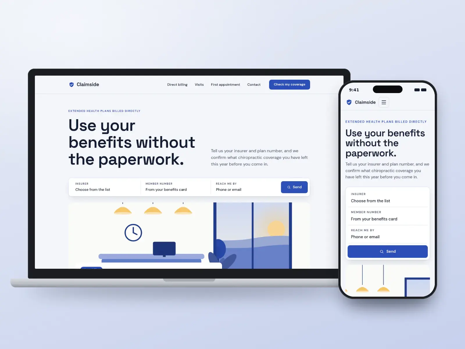 Claimside Chiropractic, a cobalt and chalk chiropractic website with a coverage check bar for extended health benefits and a drawn reception desk, on a laptop and a phone.