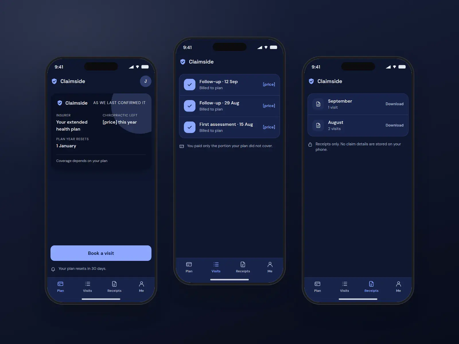 Claimside benefits app, three dark cobalt phone screens: the plan card with coverage left this year, a visit history billed to the plan, and a receipts list to download.