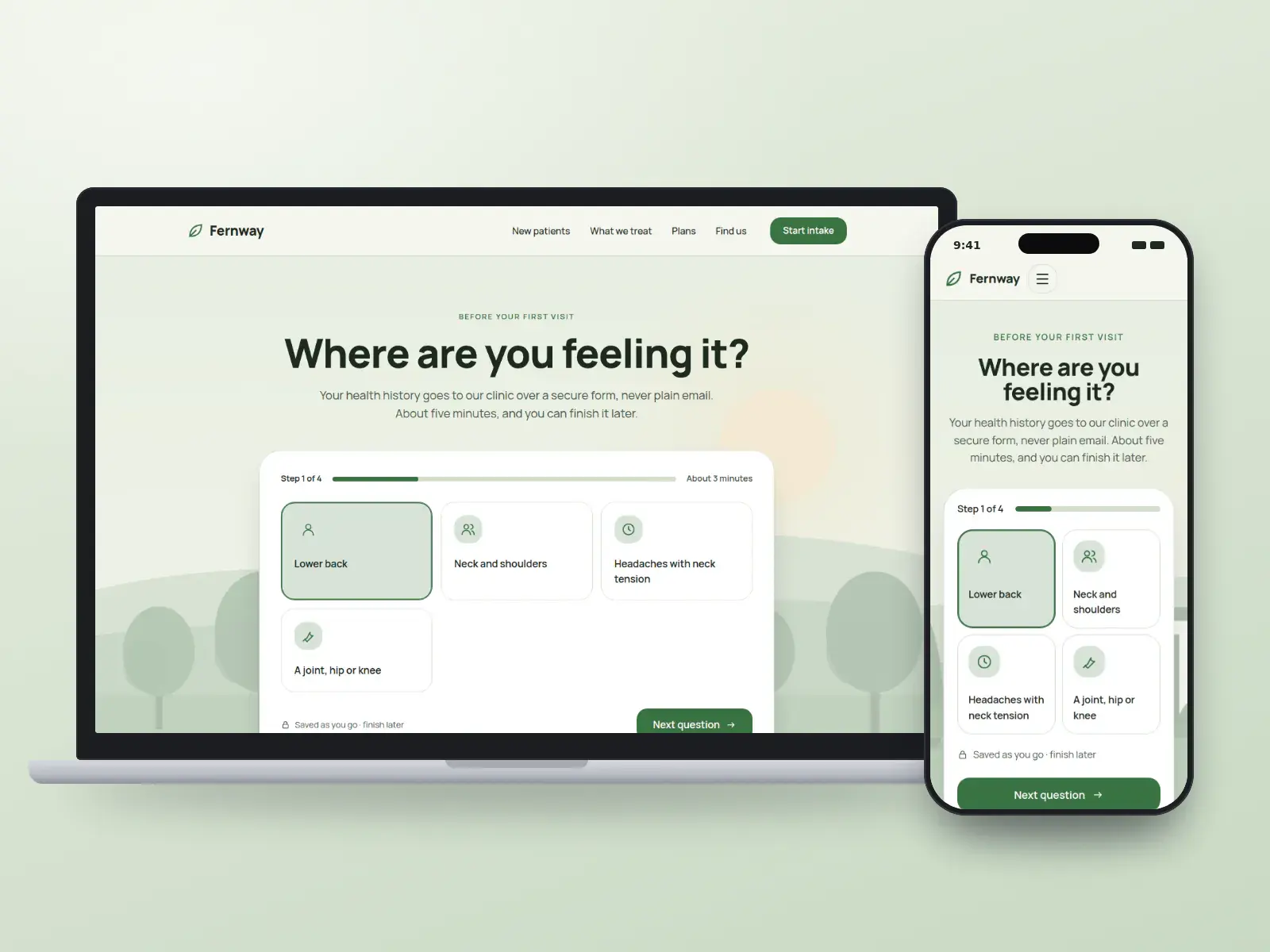 Fernway Chiropractic, a fern and linen chiropractic website asking where you are feeling it, with four large tiles for lower back, neck, headaches and joints, on a laptop and a phone.