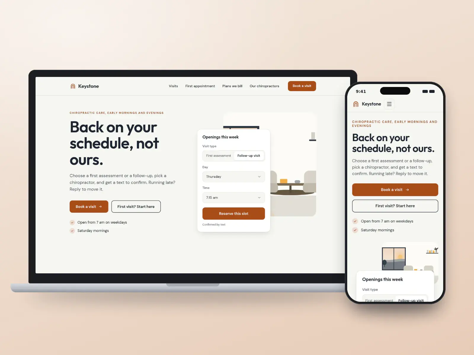Keystone Chiropractic, a slate and saffron chiropractic clinic website with a booking panel for first assessments and follow-ups beside a drawn treatment room, on a laptop and a phone.