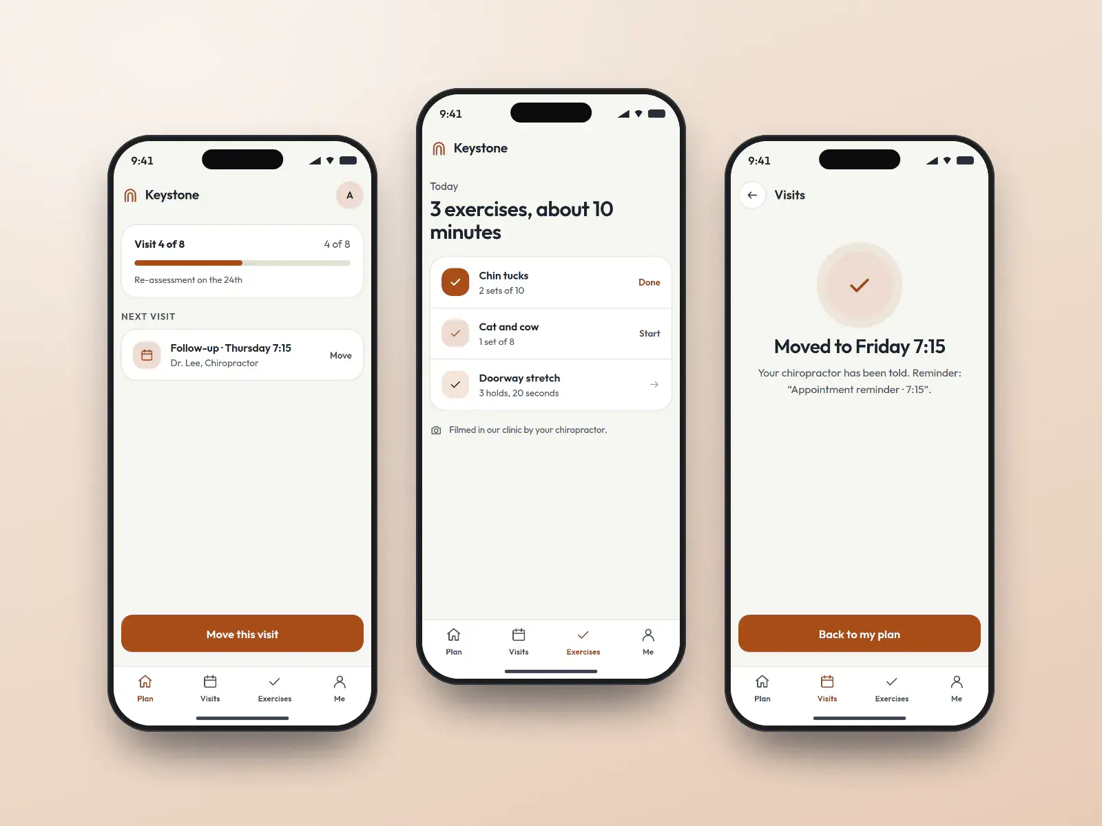 Keystone care plan app, three slate and saffron phone screens: a care plan with visit progress, today’s home exercises, and a confirmation that a visit was moved to Friday.