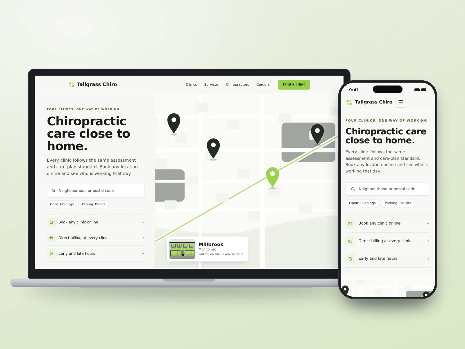 Tallgrass Chiropractic Group, a graphite and lime chiropractic group website with a clinic finder, a neighbourhood map with pins and a clinic card with hours, on a laptop and a phone.