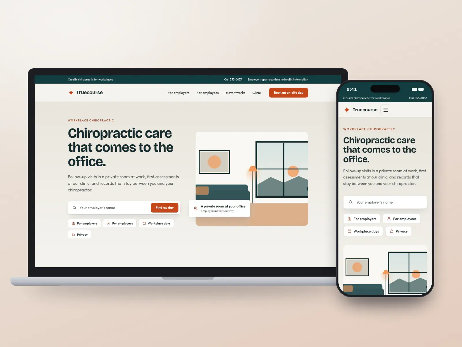 Truecourse Workplace Chiropractic, a stone and deep teal workplace chiropractic website with orange accents, quick links for employers and employees and a drawn open-plan office, on a laptop and a phone.