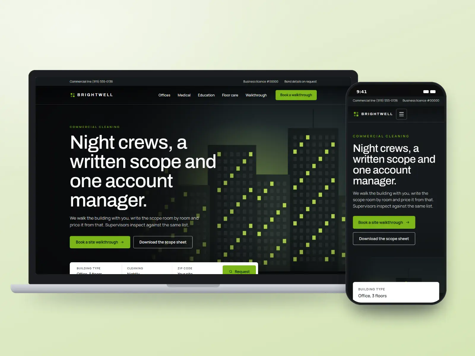Brightwell Facility Services, a graphite and lime commercial cleaning website on a laptop and a phone, with office towers at night, a walkthrough request bar and a contract scope table.