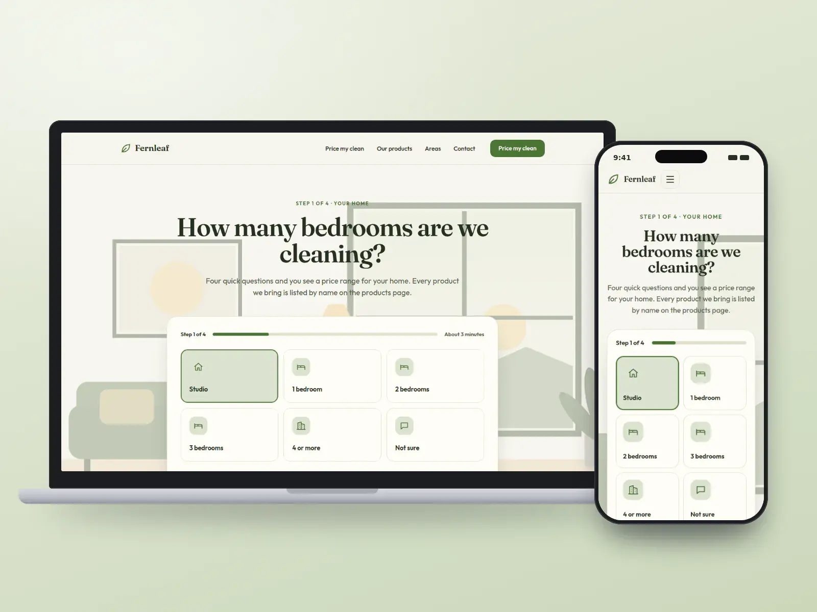Fernleaf Cleaning, a fern and oat house cleaning website on a laptop and a phone, with a step-by-step quote asking how many bedrooms, from studio to four or more, and a named product list.