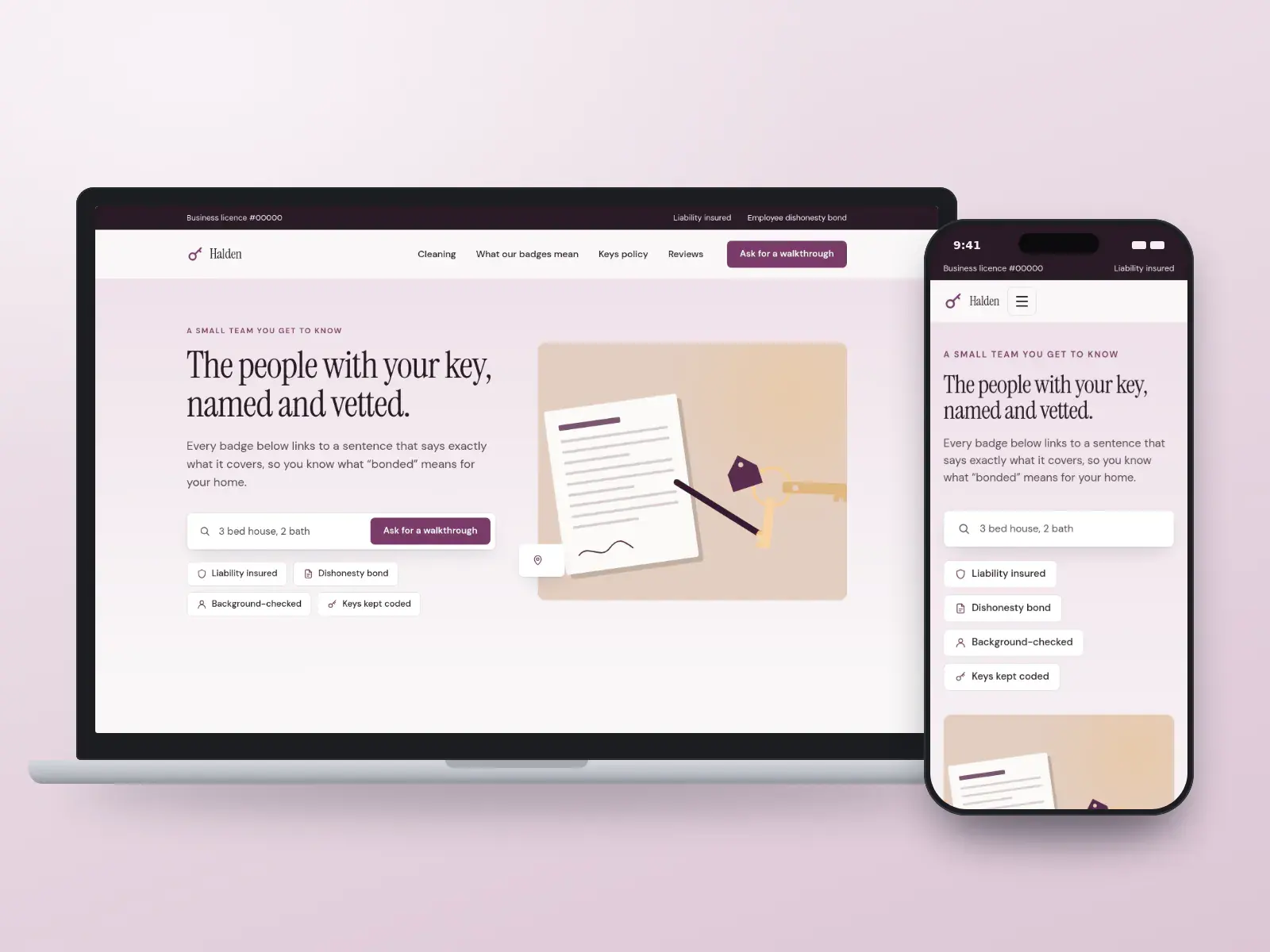 Halden House Cleaning, a plum and porcelain house cleaning website on a laptop and a phone, with badges for insurance, bond and background checks, a walkthrough request and a keys policy.