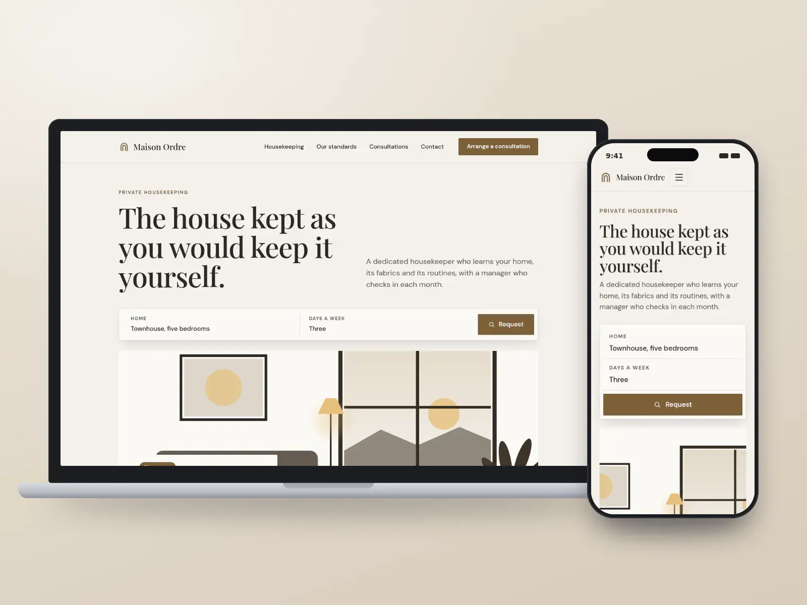 Maison Ordre, a stone and brass private housekeeping website on a laptop and a phone, with a serif headline, a consultation request bar and a large drawn interior of a sitting room.