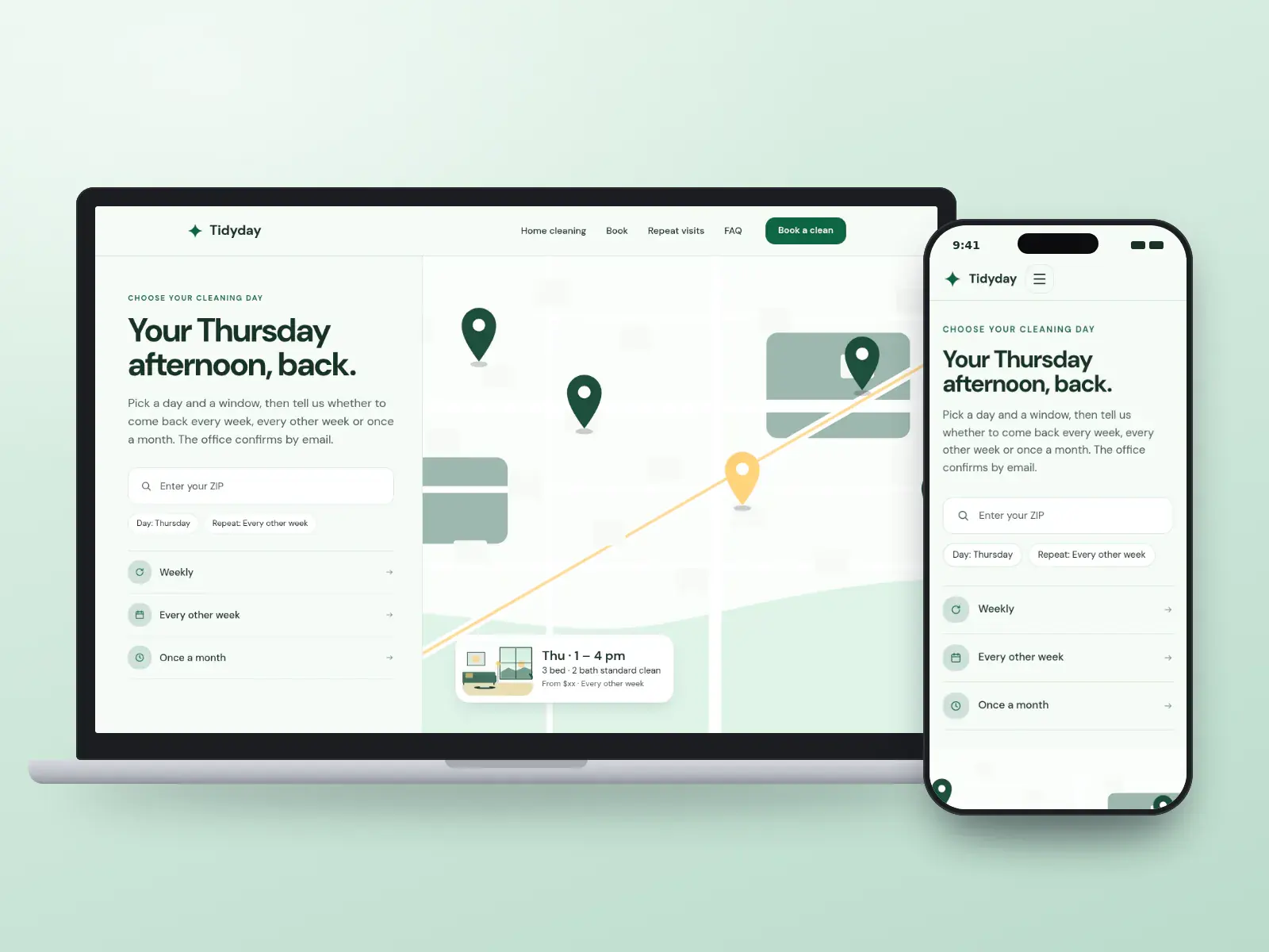 Tidyday Home Cleaning, a mint and linen house cleaning website on a laptop and a phone, with a ZIP search, weekly and fortnightly repeat options and a map card showing the next cleaning window.