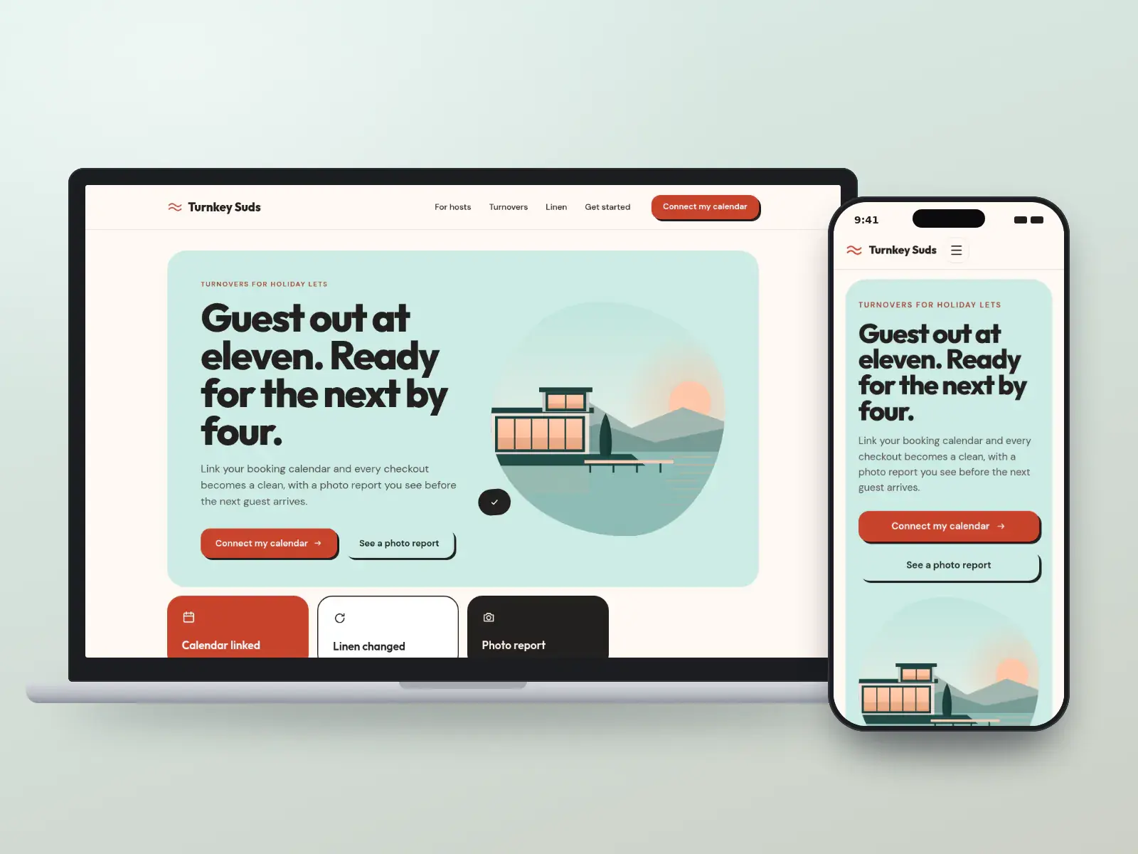 Turnkey Suds, a coral and sea glass holiday let cleaning website on a laptop and a phone, with a bold headline about turnovers between guests, a waterfront cottage and checkout steps.