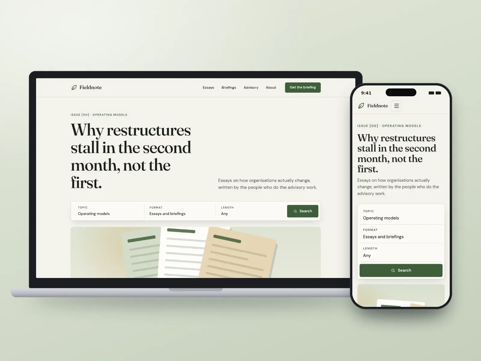 Fieldnote Partners, an ink and moss consulting website laid out like a magazine, with an essay search bar and a featured issue on operating models over a drawn library, shown on a laptop and a phone.