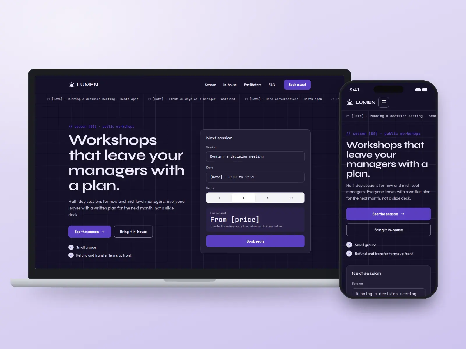 Lumen Workshop Co., a night violet workshop website with a scrolling season of session dates, a big headline and a seat booking panel on a dark grid, shown on a laptop and a phone.