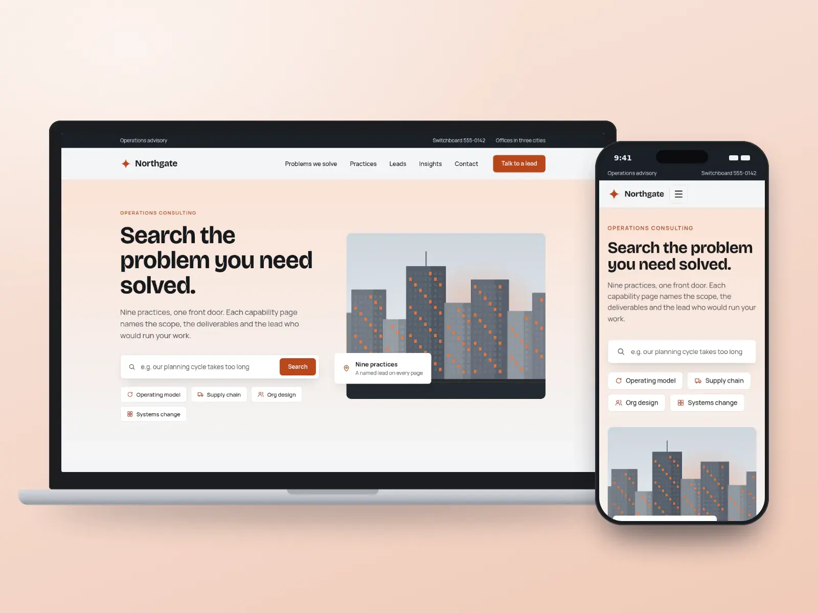 Northgate Operations Group, a steel and tangerine consulting website with a big problem search, quick links by problem and a drawn office tower, shown on a laptop and a phone.