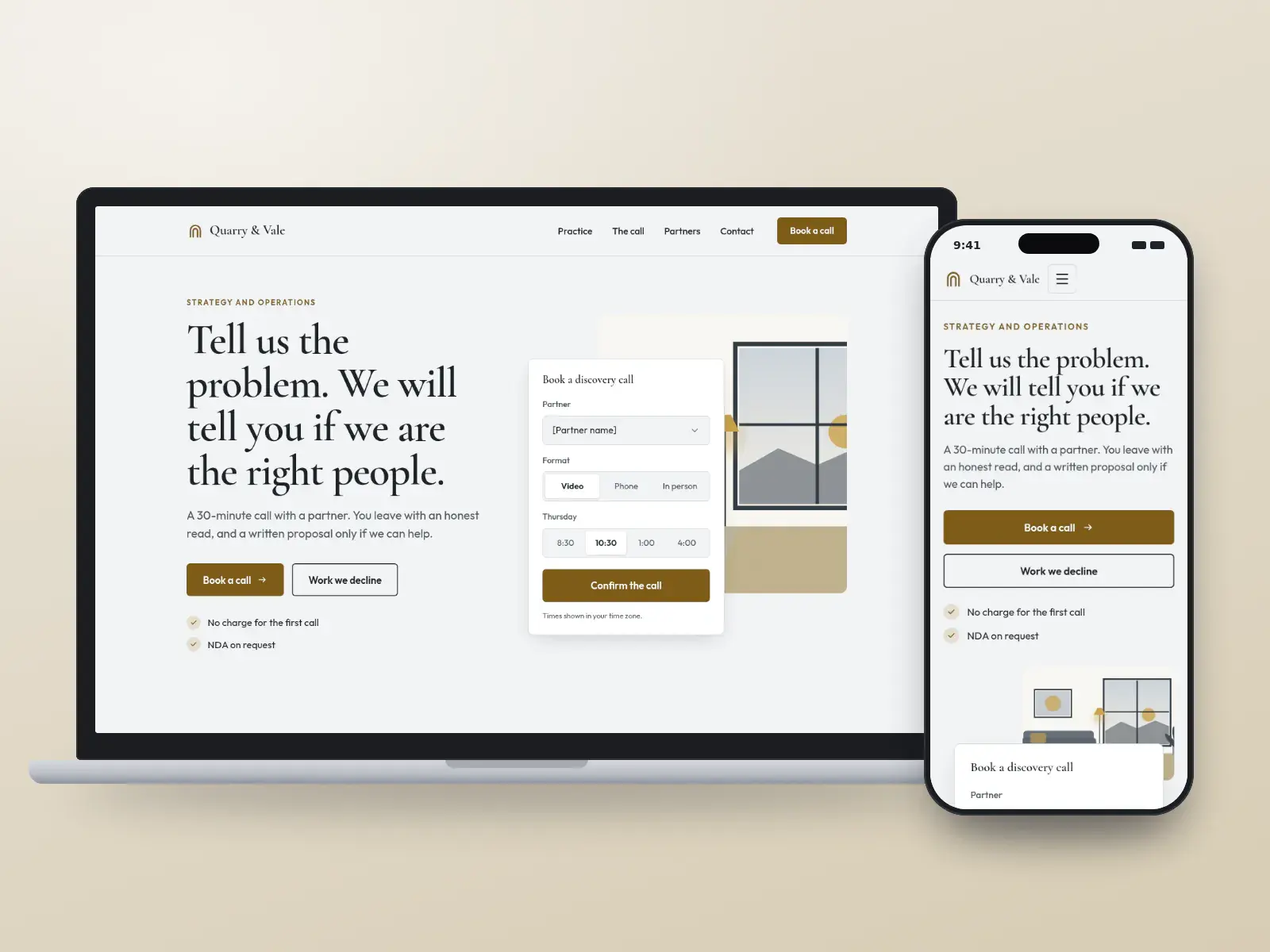 Quarry & Vale, a slate and brass consulting website with a calm serif headline beside a discovery call booking card with partner, format and time slot, shown on a laptop and a phone.
