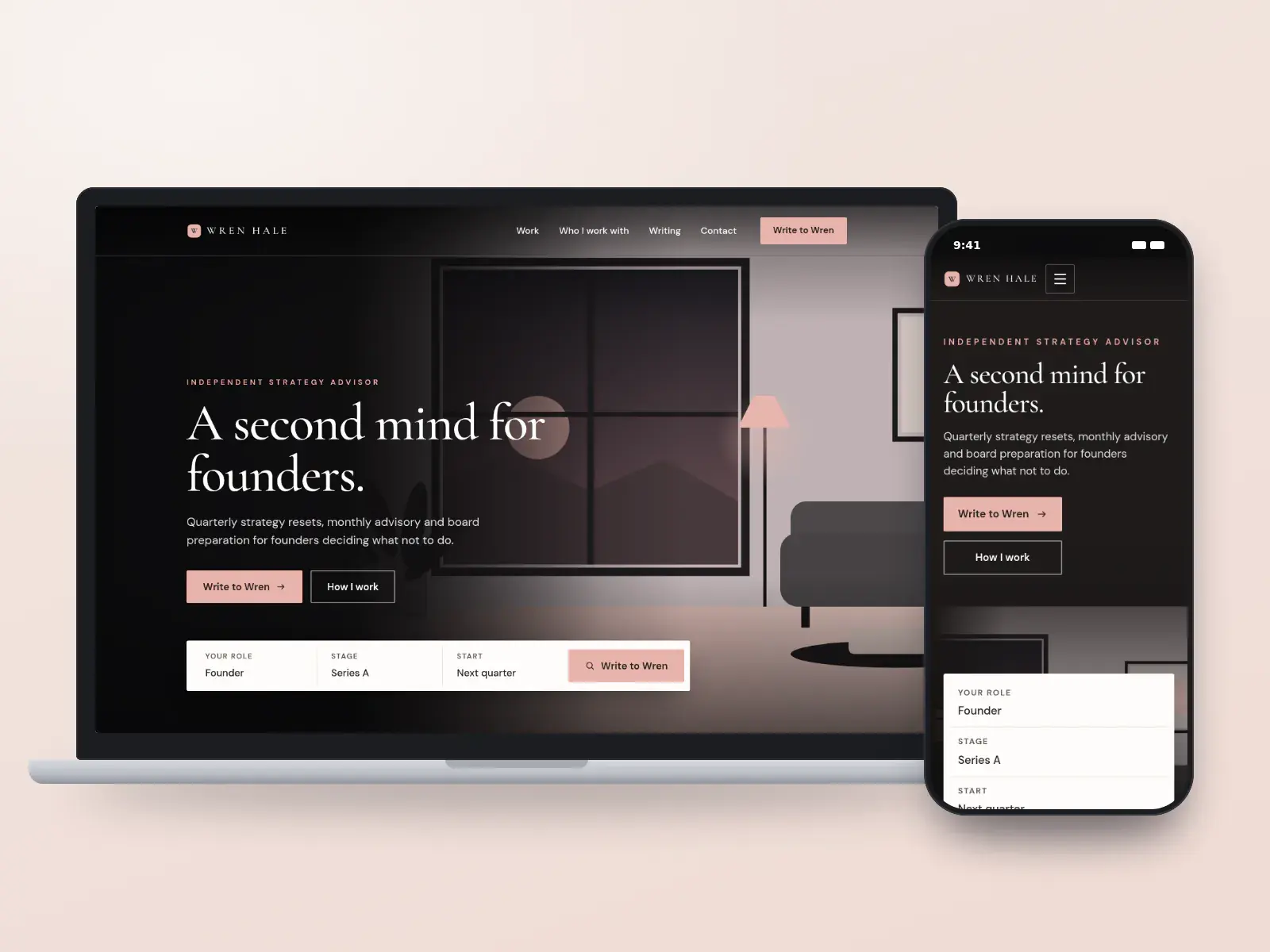 Wren Hale Advisory, a charcoal and blush personal consulting website with a full-width dusk illustration of a quiet study, a serif headline and a short enquiry bar, shown on a laptop and a phone.
