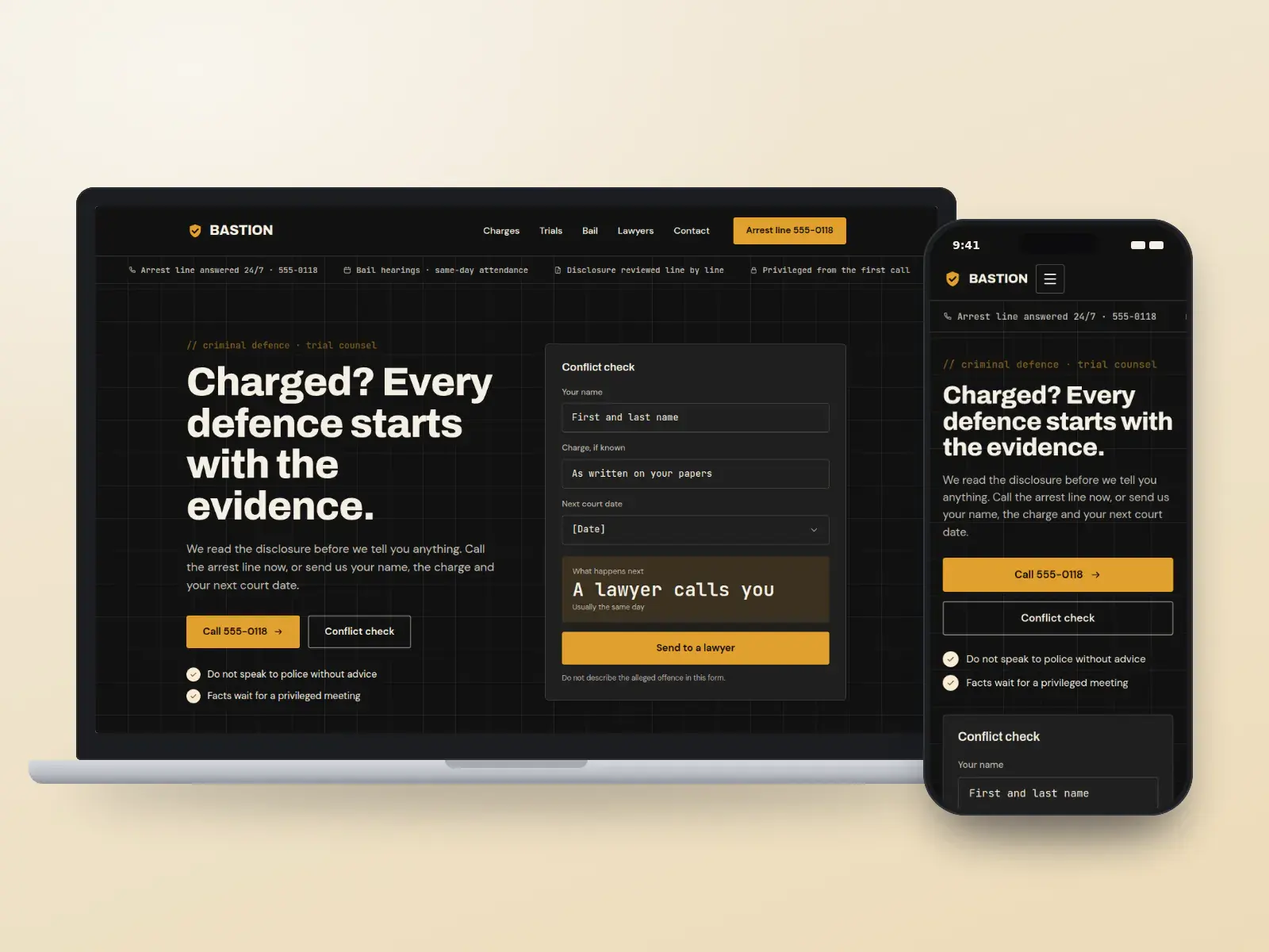 Bastion Defence, a black and amber criminal defence website with a dark grid hero, an arrest line and a conflict-check panel, shown on a laptop and a phone.