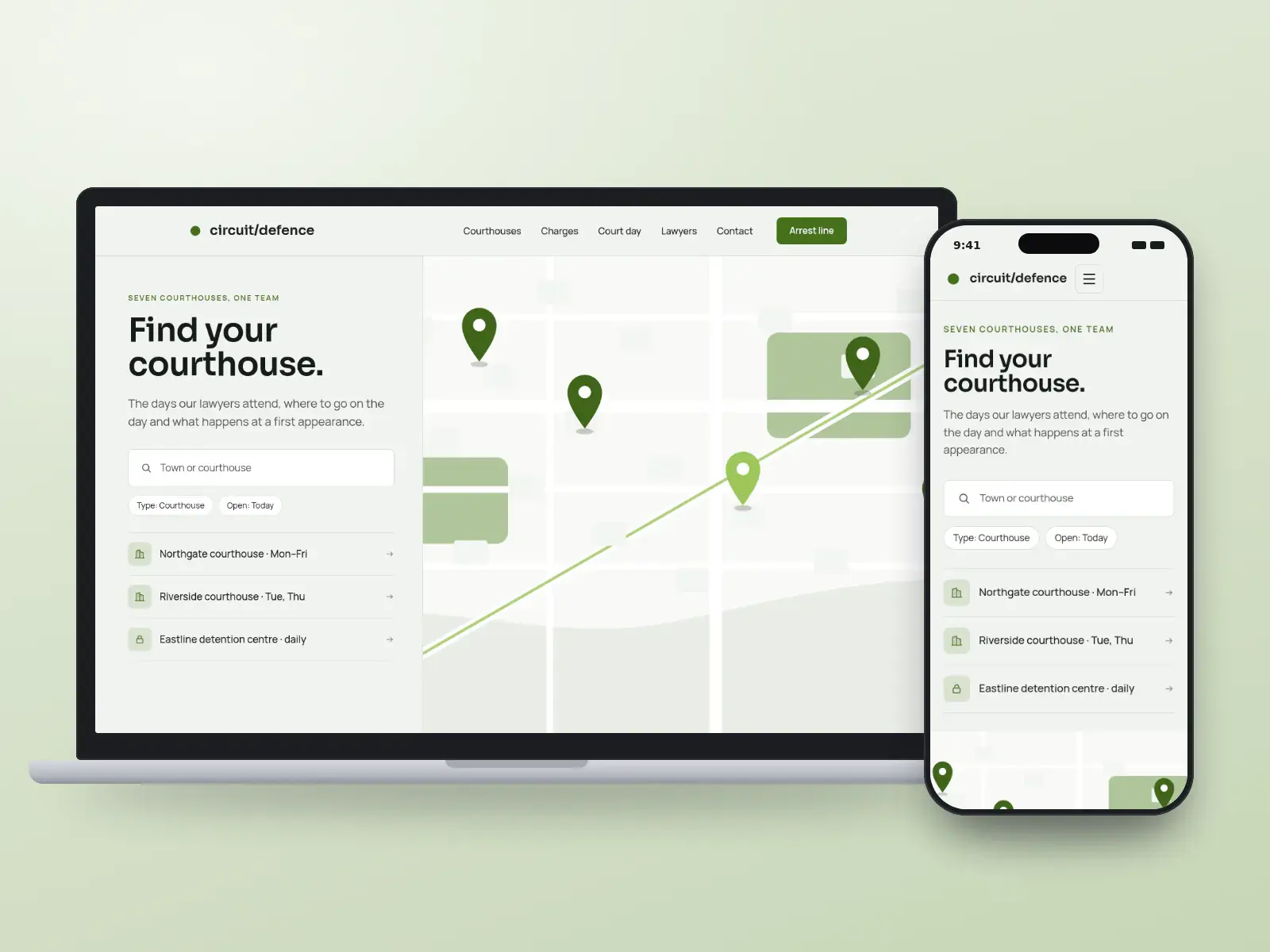 Circuit Defence Group, a granite and lime defence website with a courthouse finder beside a regional map with pins, listing courthouses by town, on a laptop and a phone.