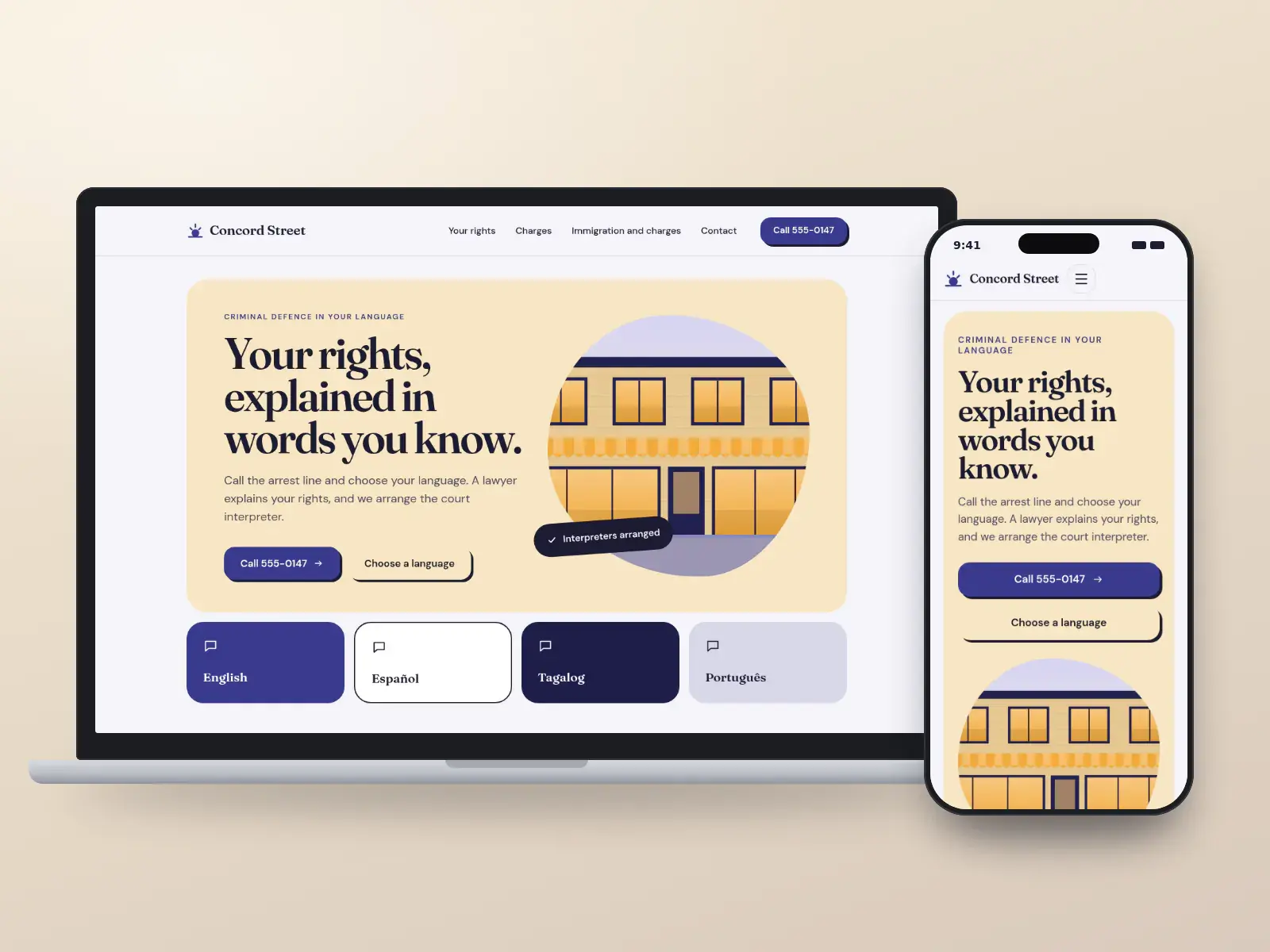 Concord Street Defence, an indigo and saffron criminal defence website with a rounded hero card, a street illustration and colourful language tiles, shown on a laptop and a phone.
