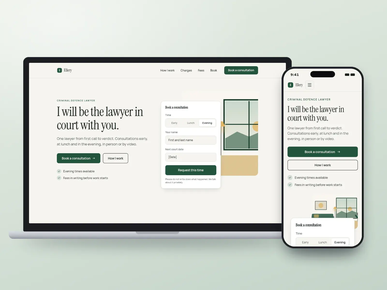 Ellery Defence Law, a bottle green and paper solo defence lawyer website with a serif headline, a law office illustration and a consultation booking card, on a laptop and a phone.