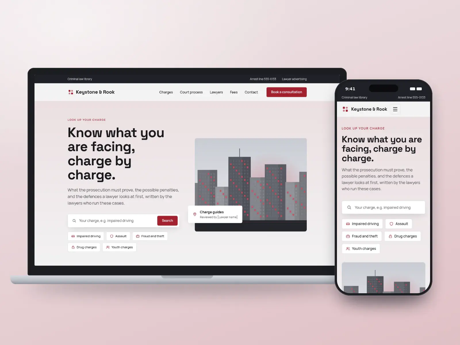 Keystone & Rook Criminal Law, a gunmetal and crimson defence website with a charge search, charge quick links and an illustration of a city block, on a laptop and a phone.