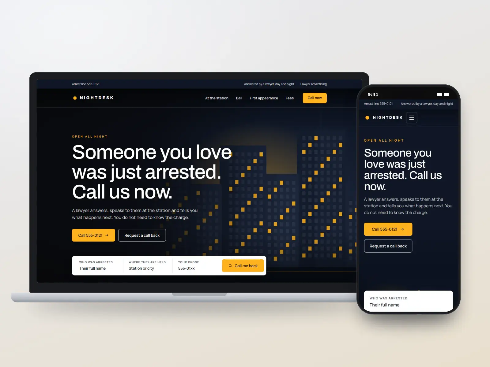 Nightdesk Criminal Lawyers, a night navy and signal amber defence website with a full-width city at night, an arrest line button and a three-field family form, on a laptop and a phone.