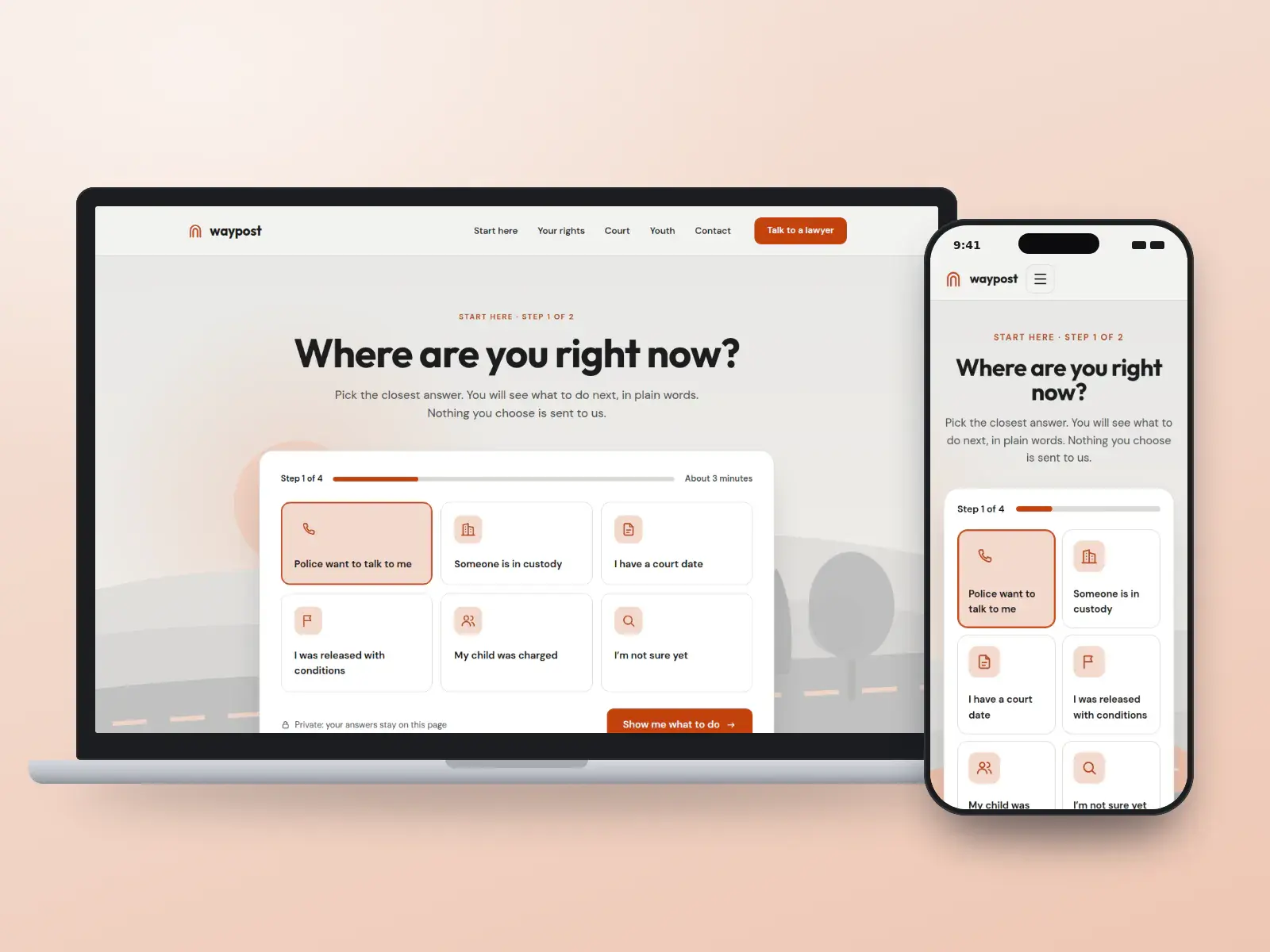 Waypost Defence, a concrete grey and orange criminal defence website whose homepage asks where you are right now, with five answer tiles and a privacy note, on a laptop and a phone.