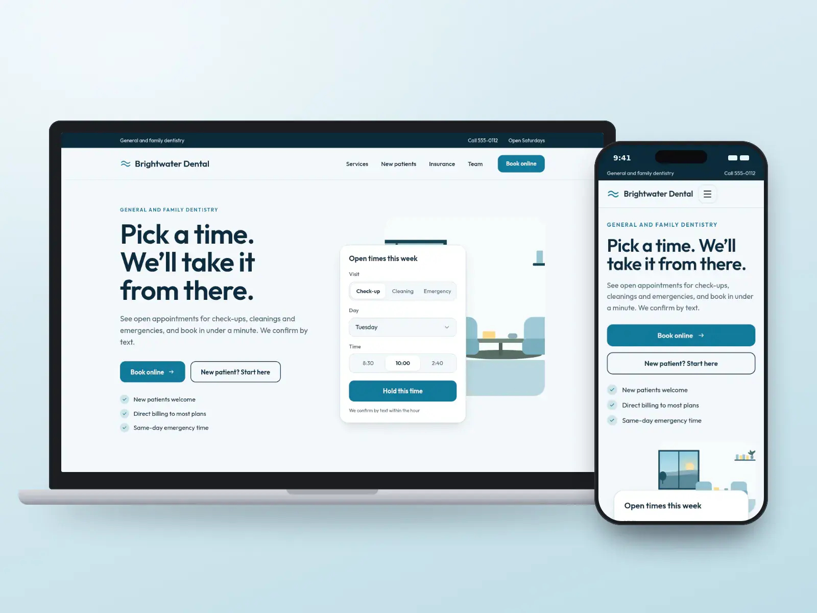Brightwater Dental, a lagoon teal and white dental practice website with an open-times booking card beside a drawn surgery window over water, shown on a laptop and a phone.