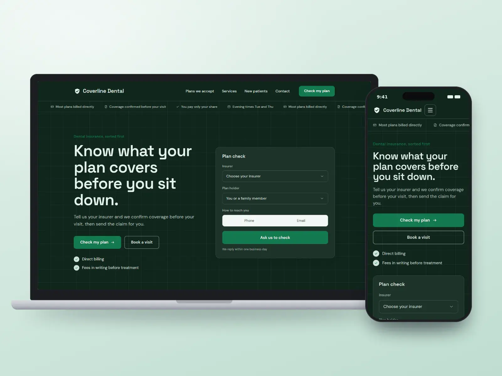 Coverline Dental, a mint and ink dental website with a plan-check panel beside the headline, a strip of billing facts and a drawn reception counter, shown on a laptop and a phone.
