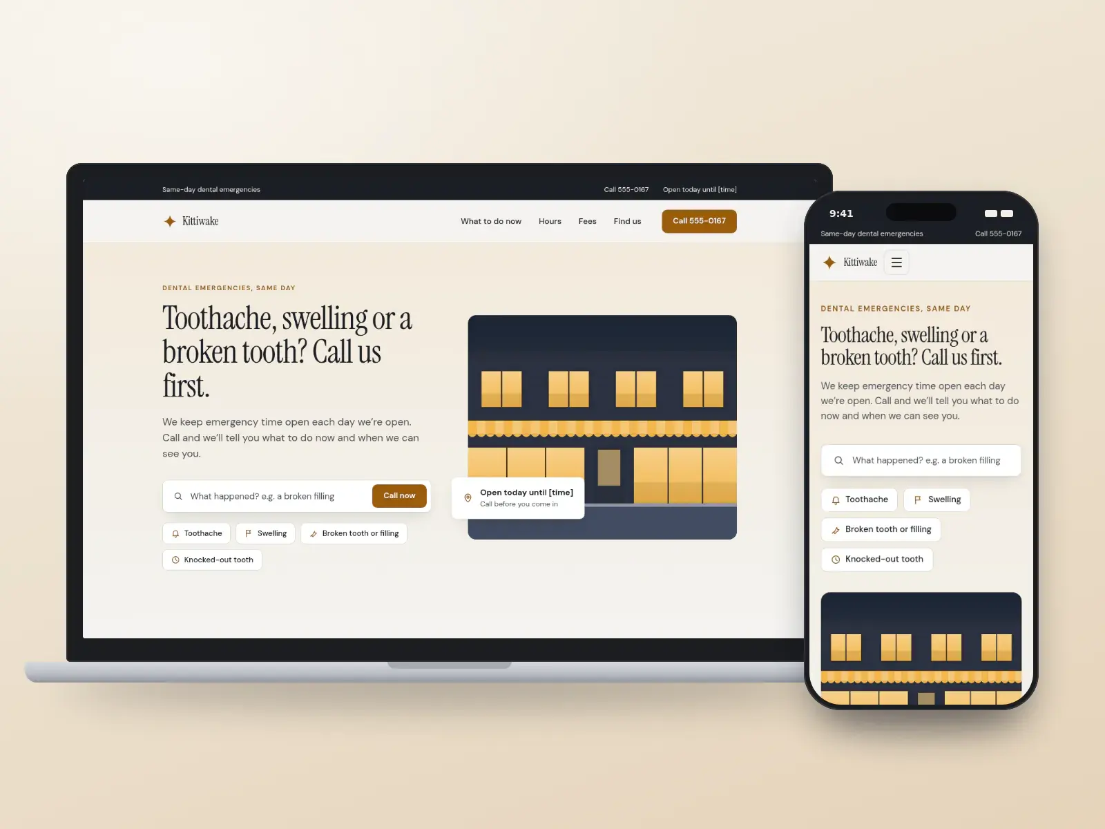 Kittiwake Emergency Dental, a slate and amber emergency dental website with a “What happened?” search, quick links and a drawn street front with one lit window, on a laptop and a phone.