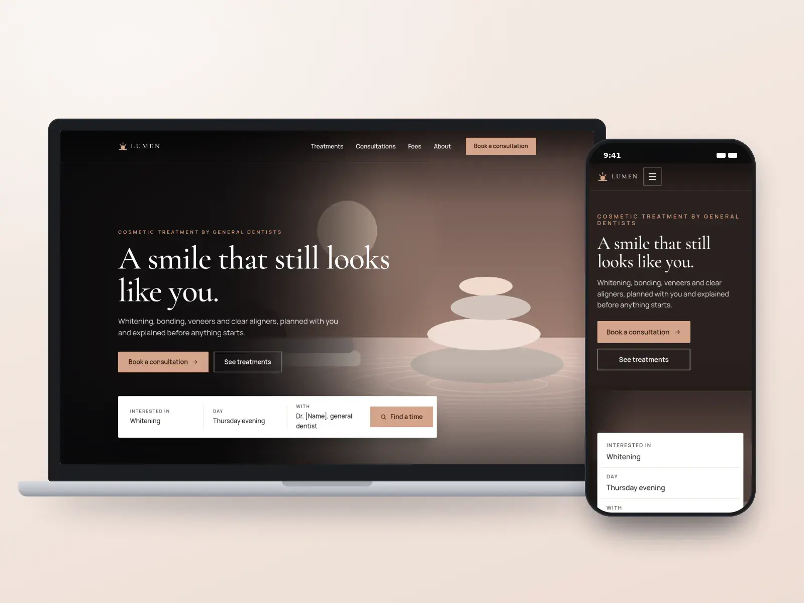 Lumen Smile Studio, a pearl and rose gold cosmetic dentistry website with a full-width drawn studio at dusk, a serif headline and a consultation search bar, on a laptop and a phone.
