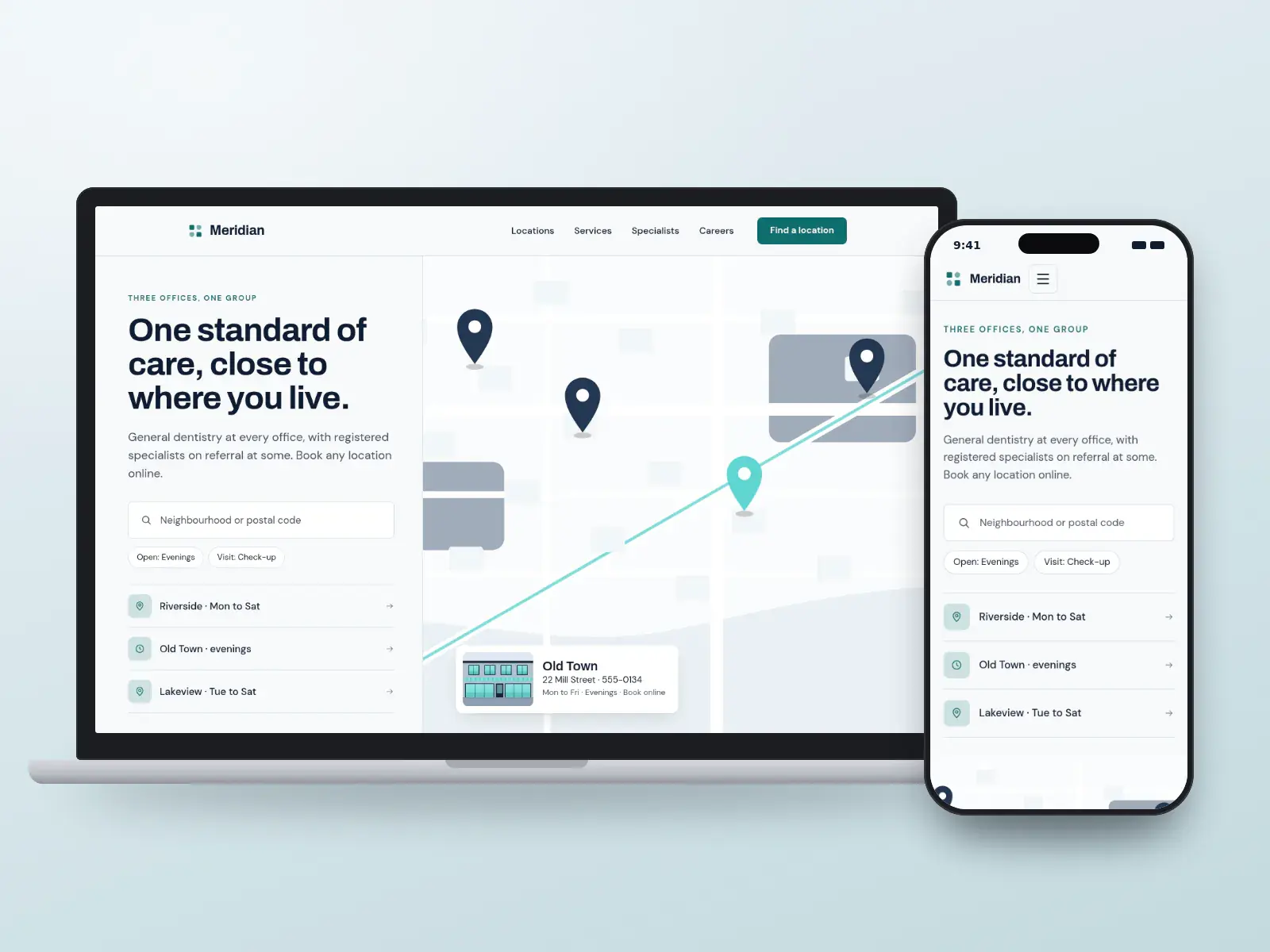Meridian Dental Group, a navy and aqua multi-location dental website with a location search, office list and a drawn city map with an office card, on a laptop and a phone.