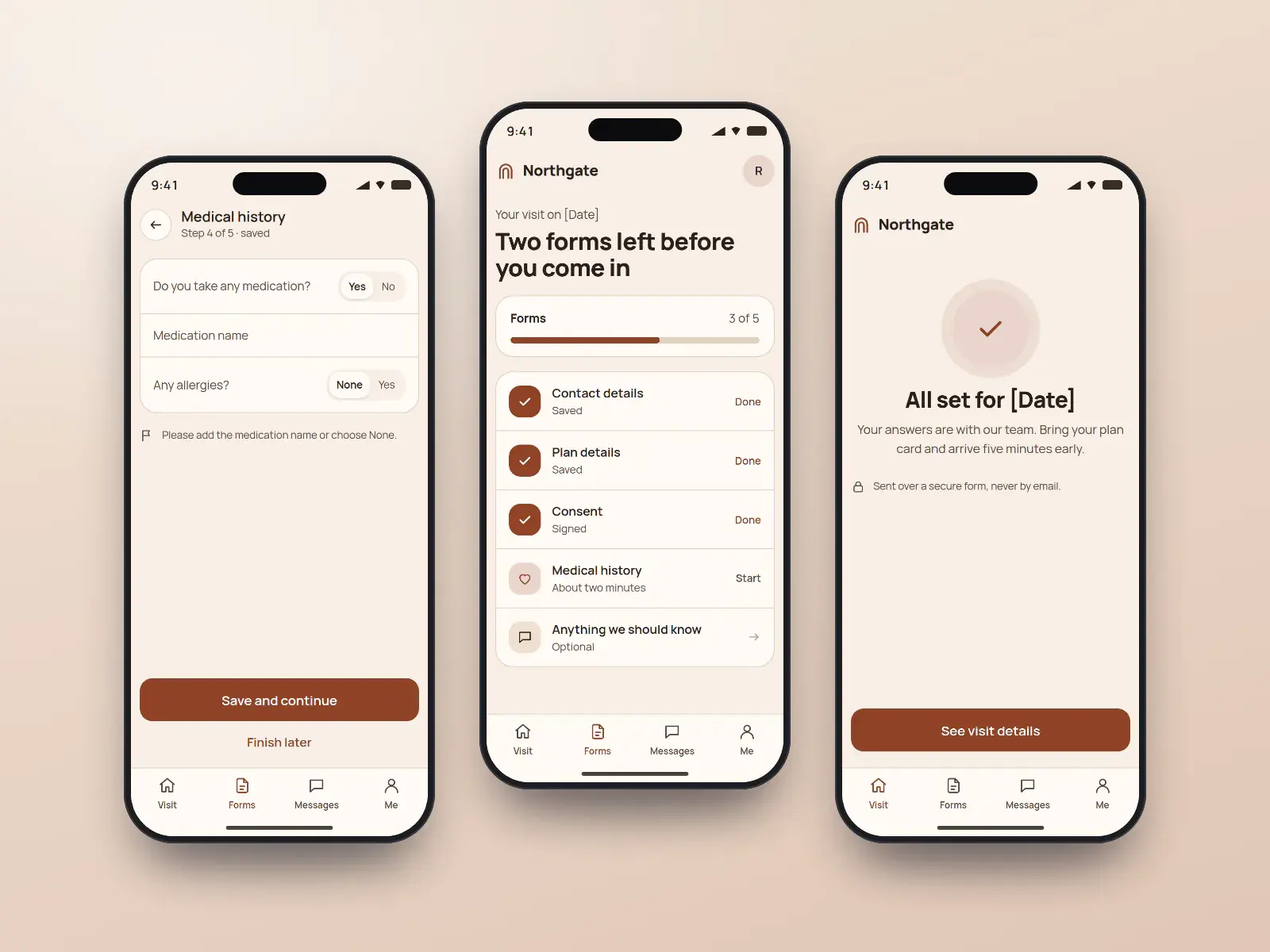 Northgate forms app, three cream and terracotta phone screens: a pre-visit checklist with progress, a medical-history step with a validation message, and an all-set confirmation.