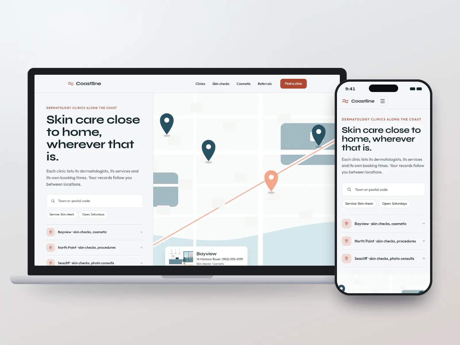 Coastline Dermatology Group, a shore blue and coral dermatology group website with a clinic finder beside a map with clinic pins and a clinic card, on a laptop and a phone.