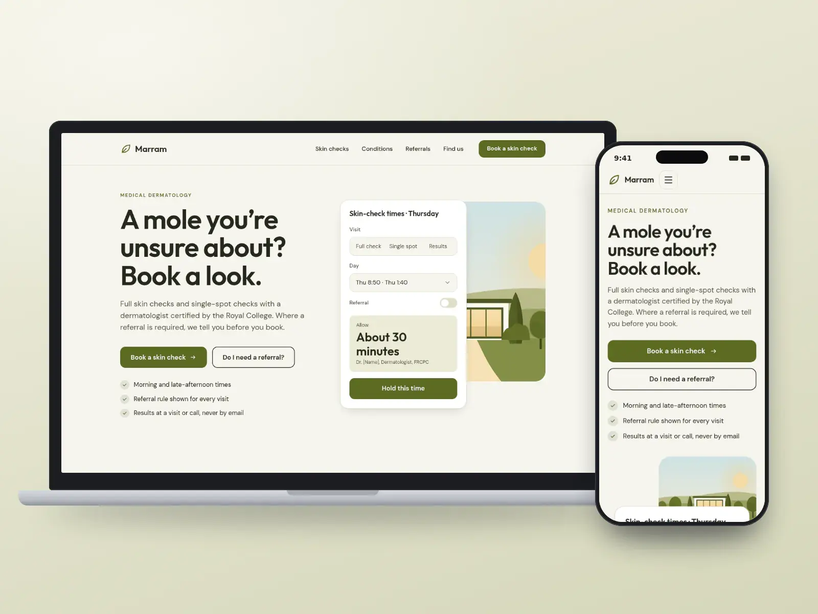 Marram Dermatology, an olive and sand dermatology website with skin-check booking times beside a calm garden illustration, shown on a laptop and a phone.