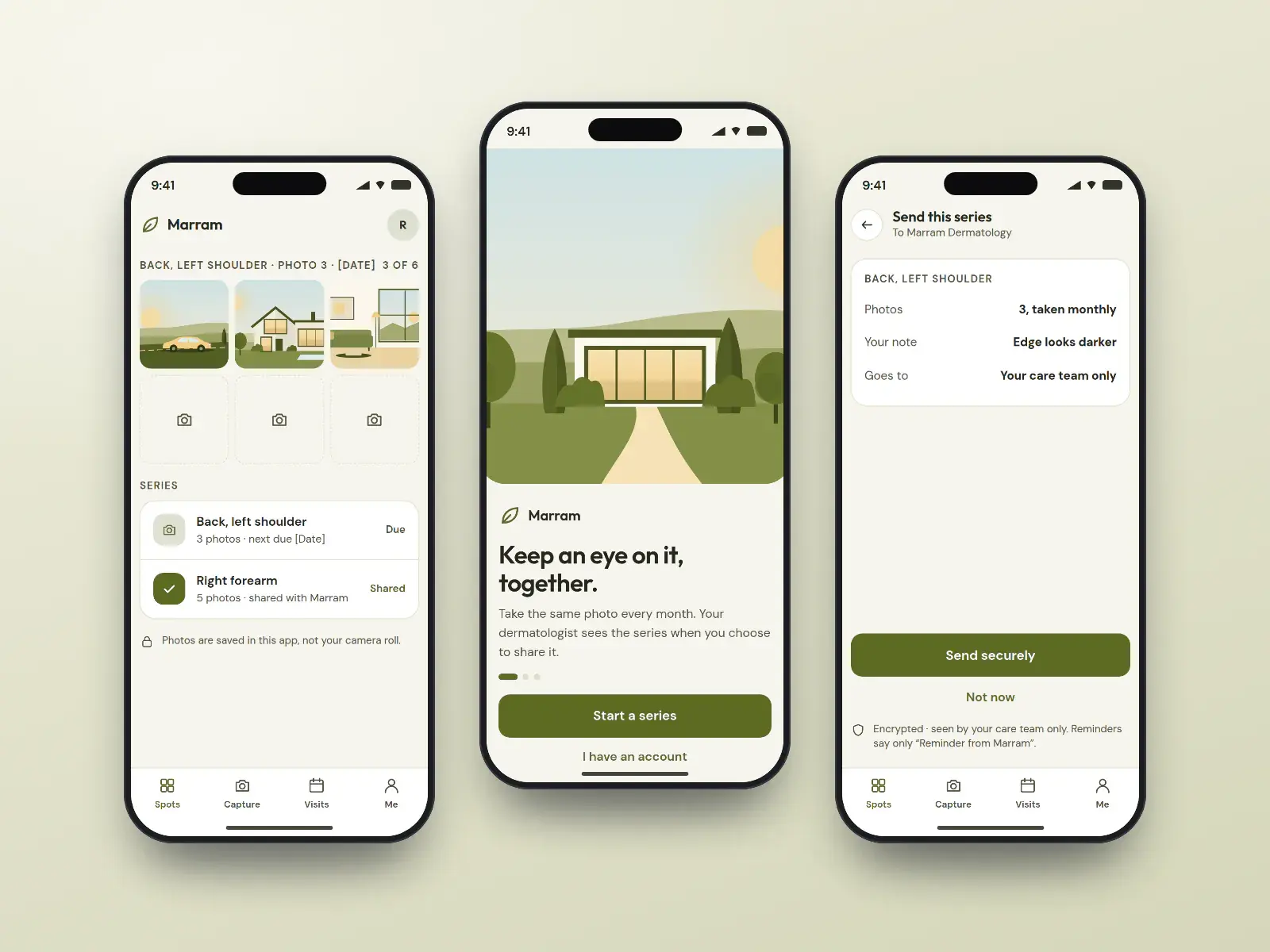 Marram spot tracker app, three olive and sand phone screens: a welcome screen with a garden illustration, a list of tracked photo series, and an encrypted share with the clinic.