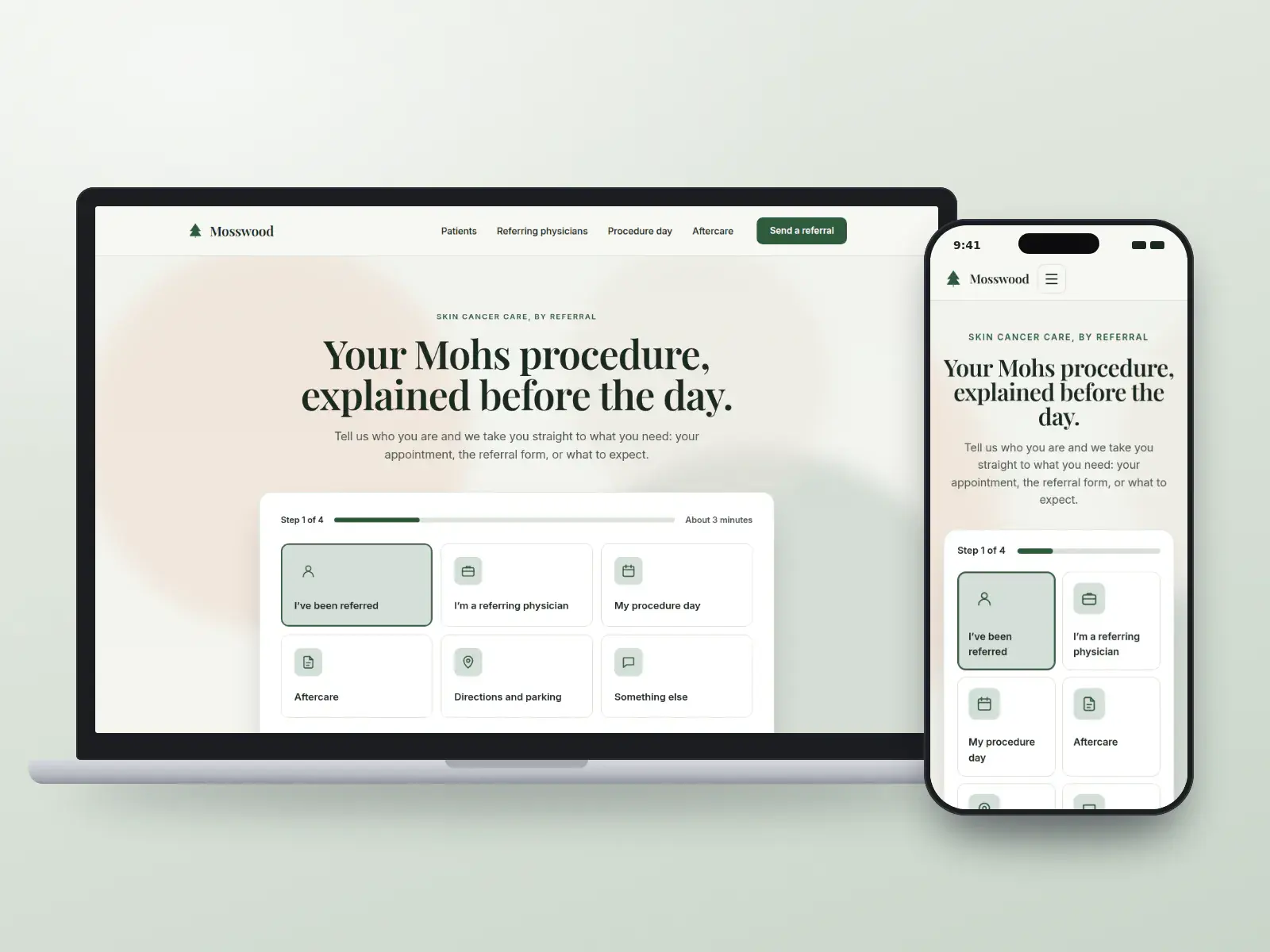 Mosswood Skin Cancer Clinic, a deep moss and birch white dermatology website whose homepage asks who you are with large choice tiles and a progress bar, shown on a laptop and a phone.