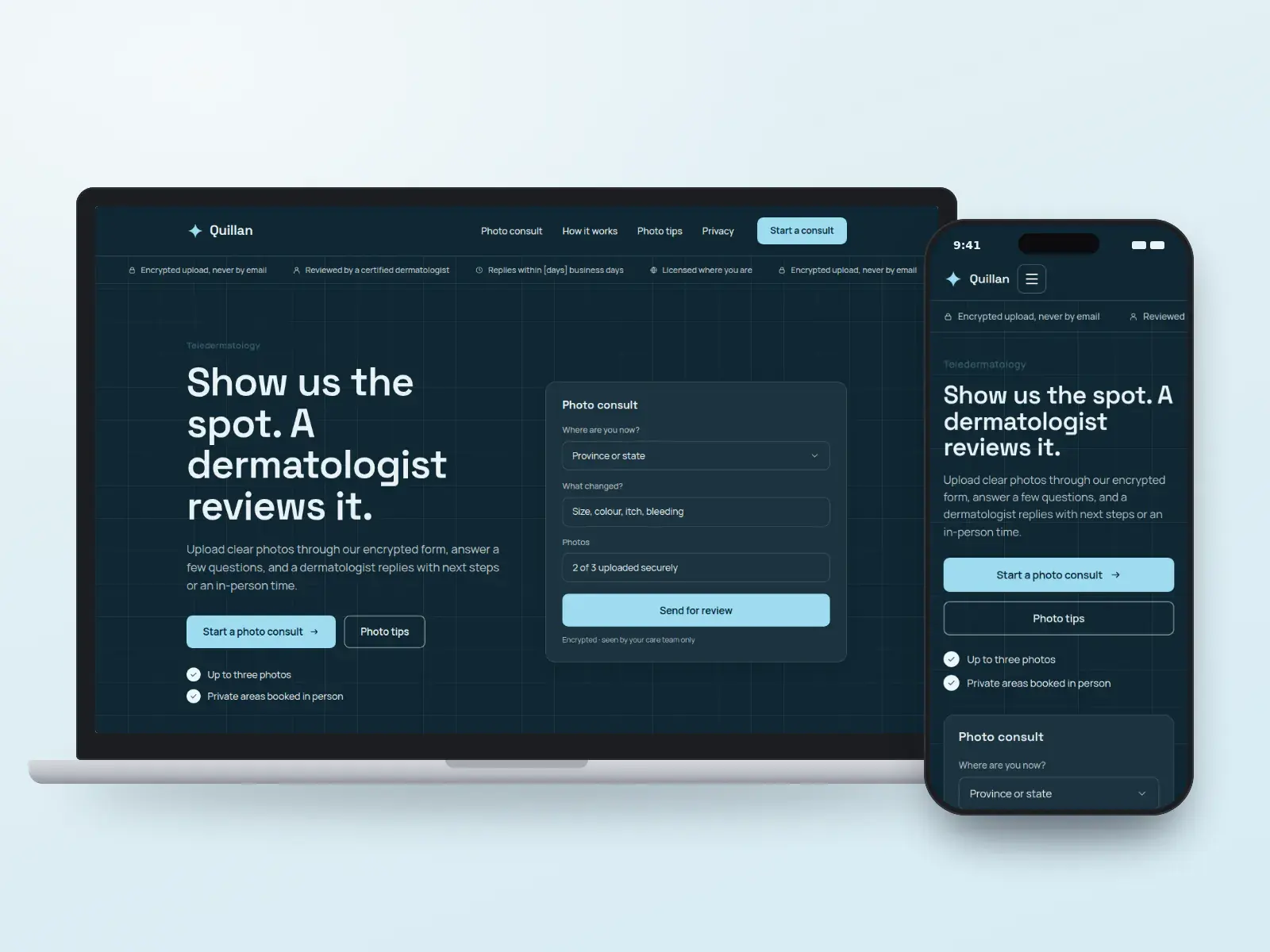 Quillan Teledermatology, a deep glacier blue teledermatology website with a secure photo-consult form beside the headline and a bright consult-room illustration, on a laptop and a phone.