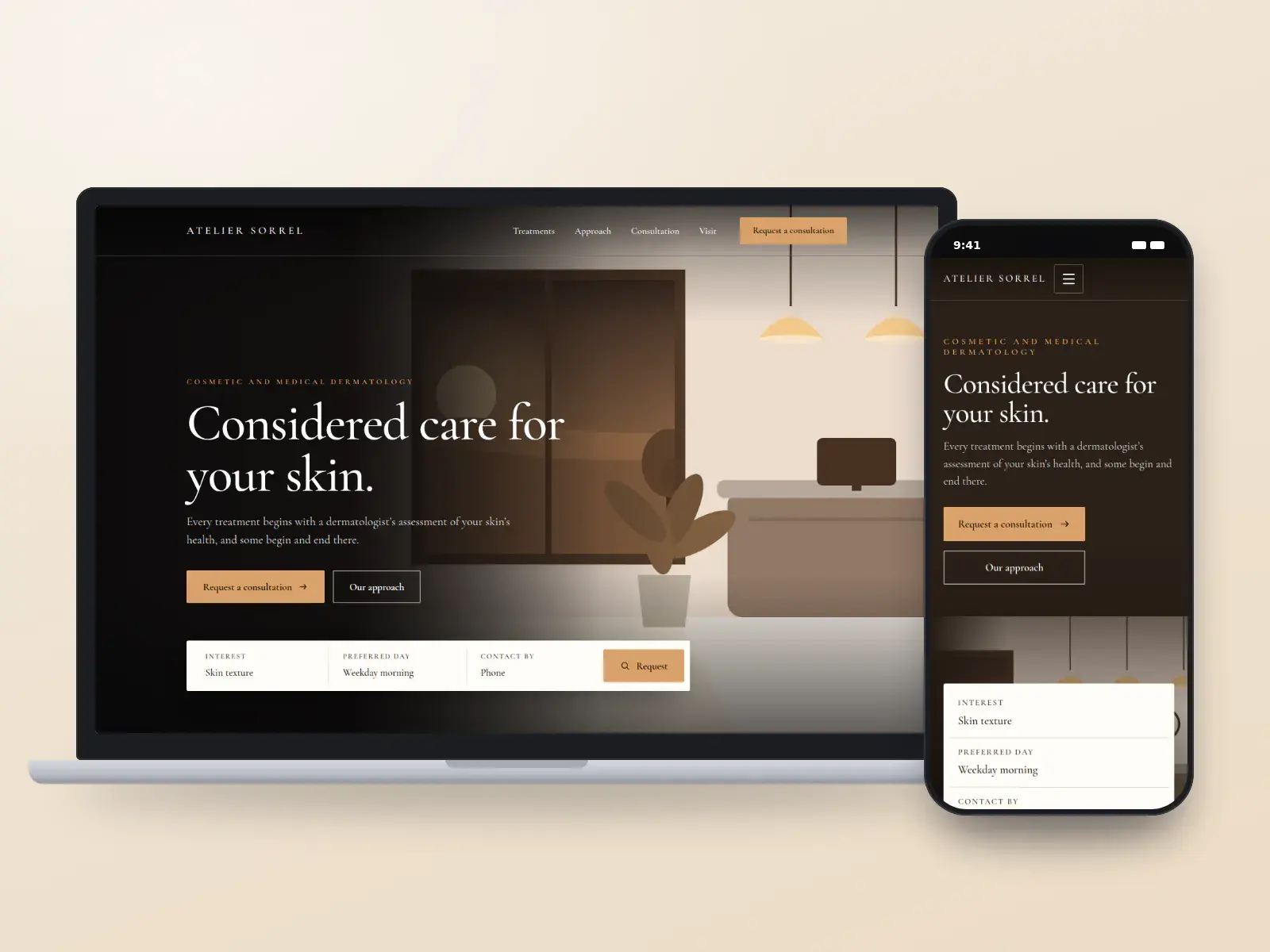 Atelier Sorrel Dermatology, a sorrel and parchment boutique dermatology website with a full-width illustrated reception in warm light and a consultation request bar, on a laptop and a phone.