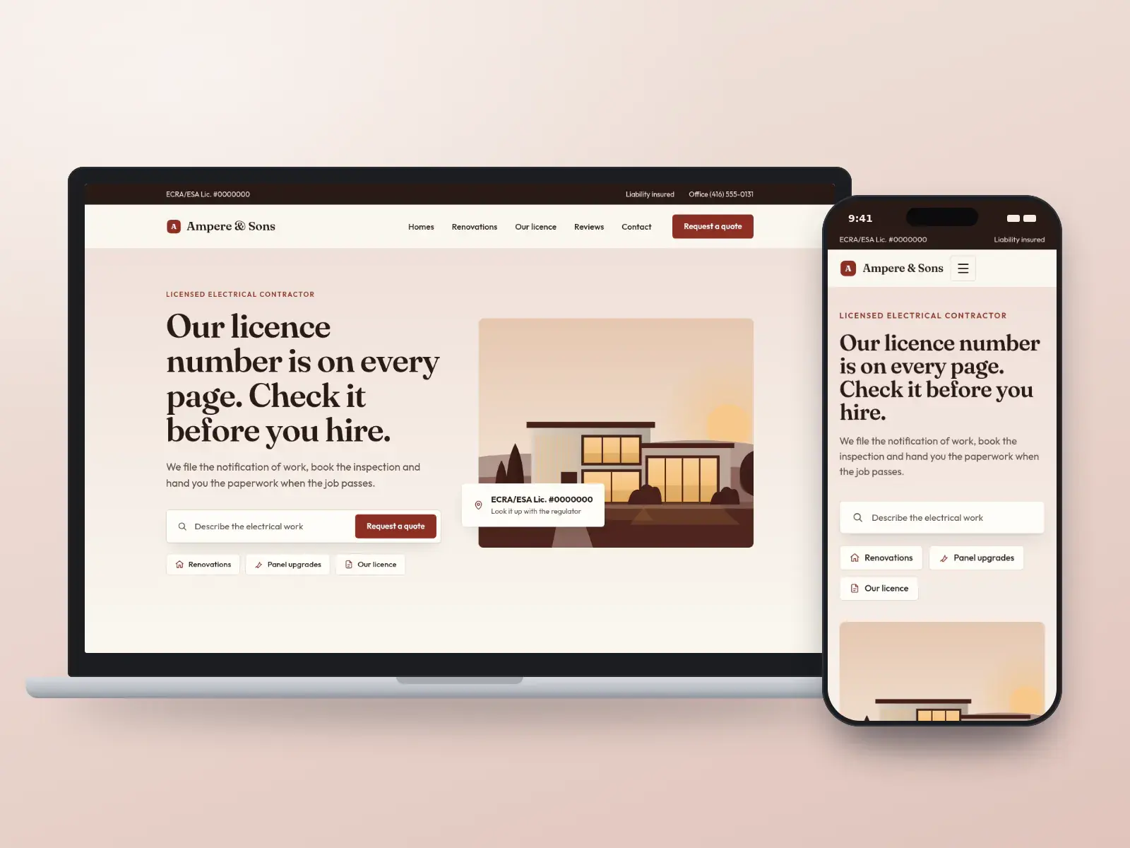 Ampere & Sons Electrical, an oxblood and parchment electrical contractor website on a laptop and a phone, with the licence number beside a serif headline and a house at dusk.