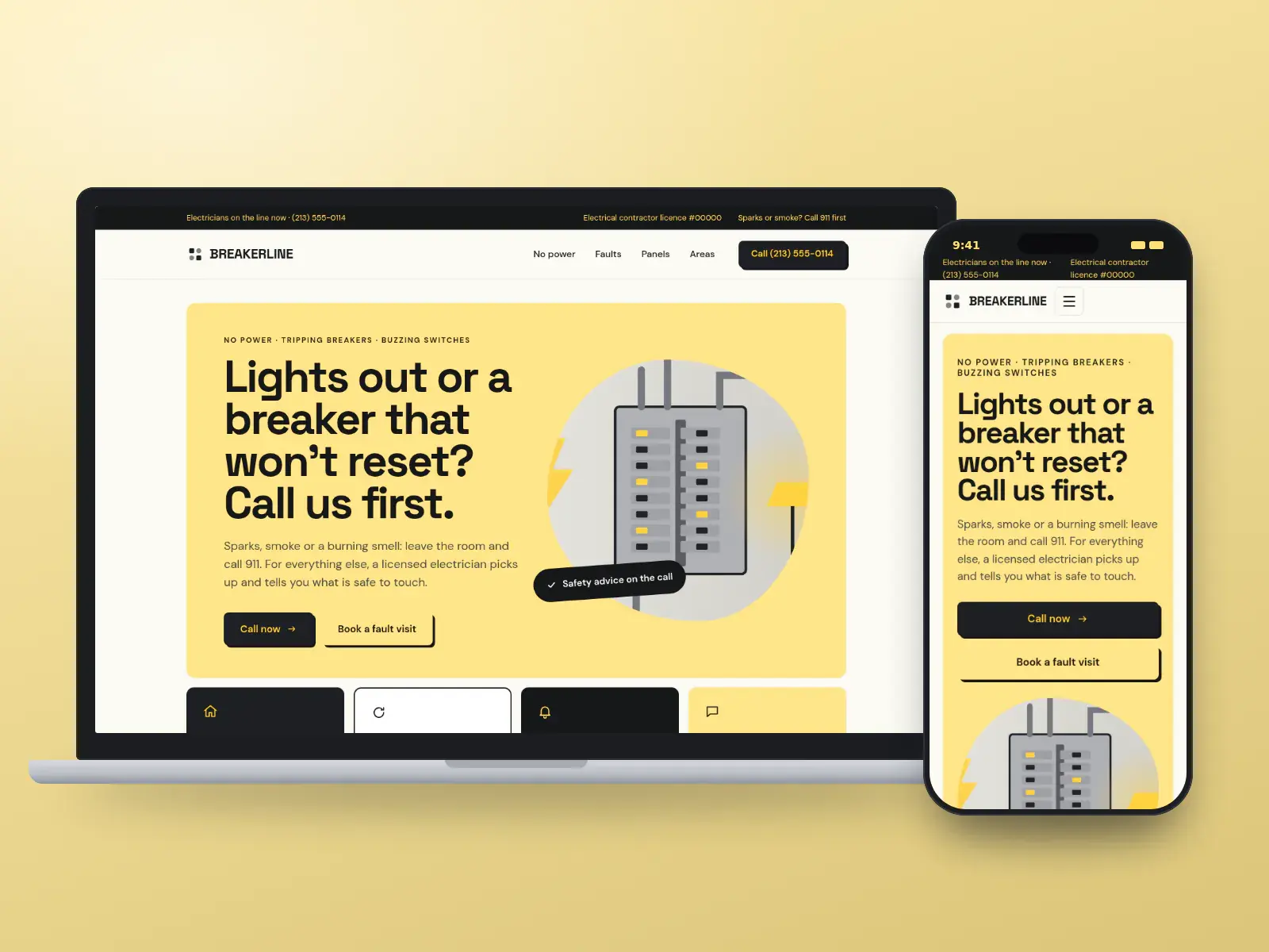 Breakerline Electric, a hazard yellow and graphite emergency electrician website on a laptop and a phone, with a large call button, fault tiles and a breaker panel illustration.