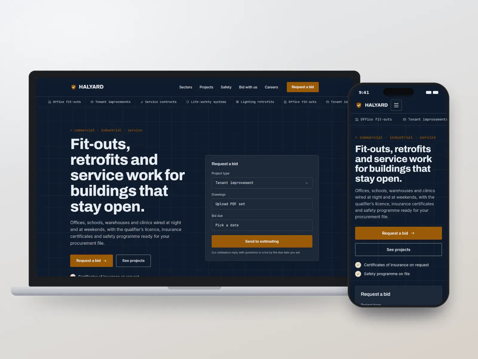 Halyard Electrical Contractors, a steel blue and amber commercial electrical contractor website on a laptop and a phone, with a dark masthead, a bid request panel and a sector grid.