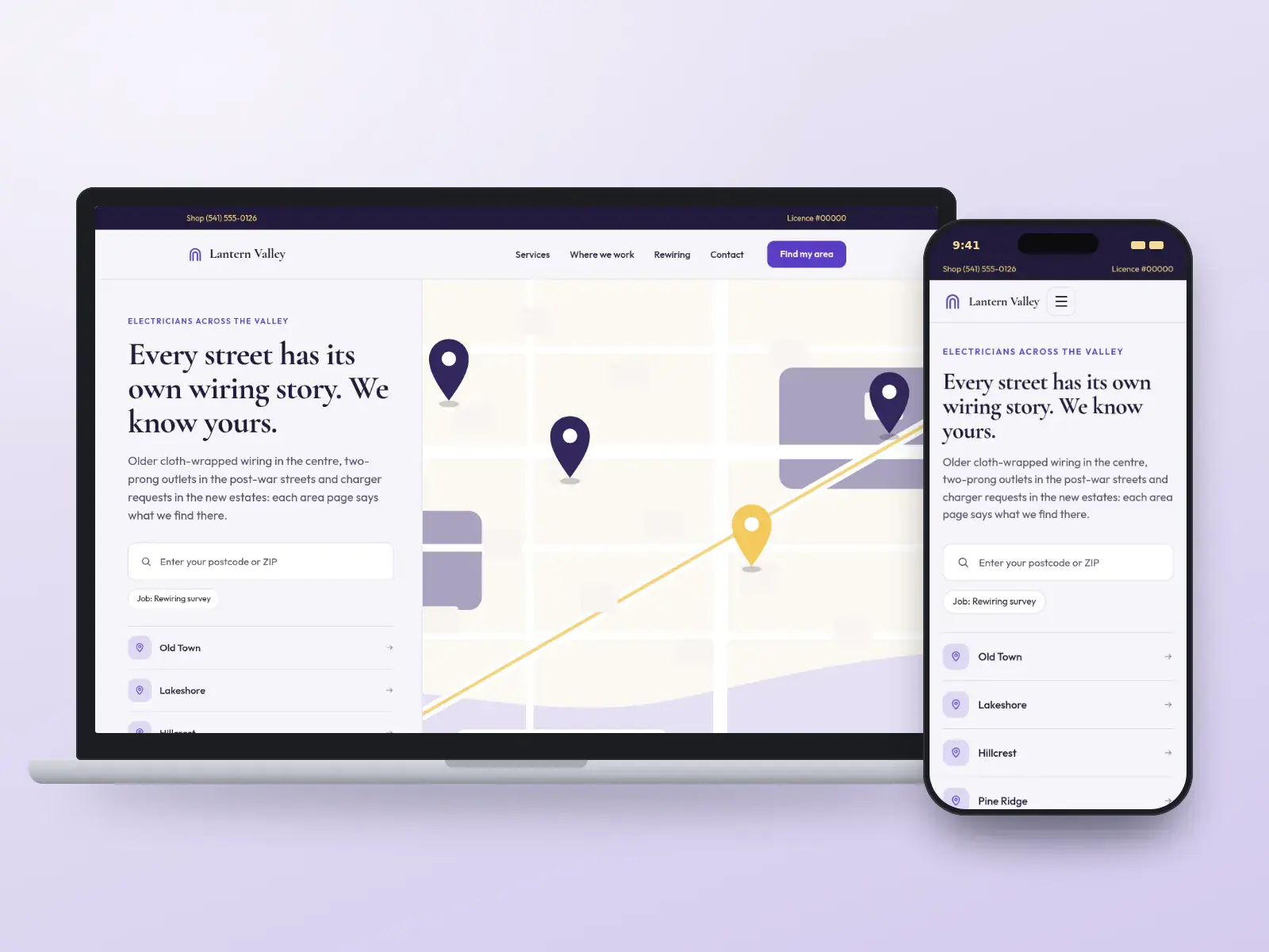 Lantern Valley Electric, a dusk violet and lamp gold electrician website on a laptop and a phone, with a map of five neighbourhoods and area cards describing local wiring.