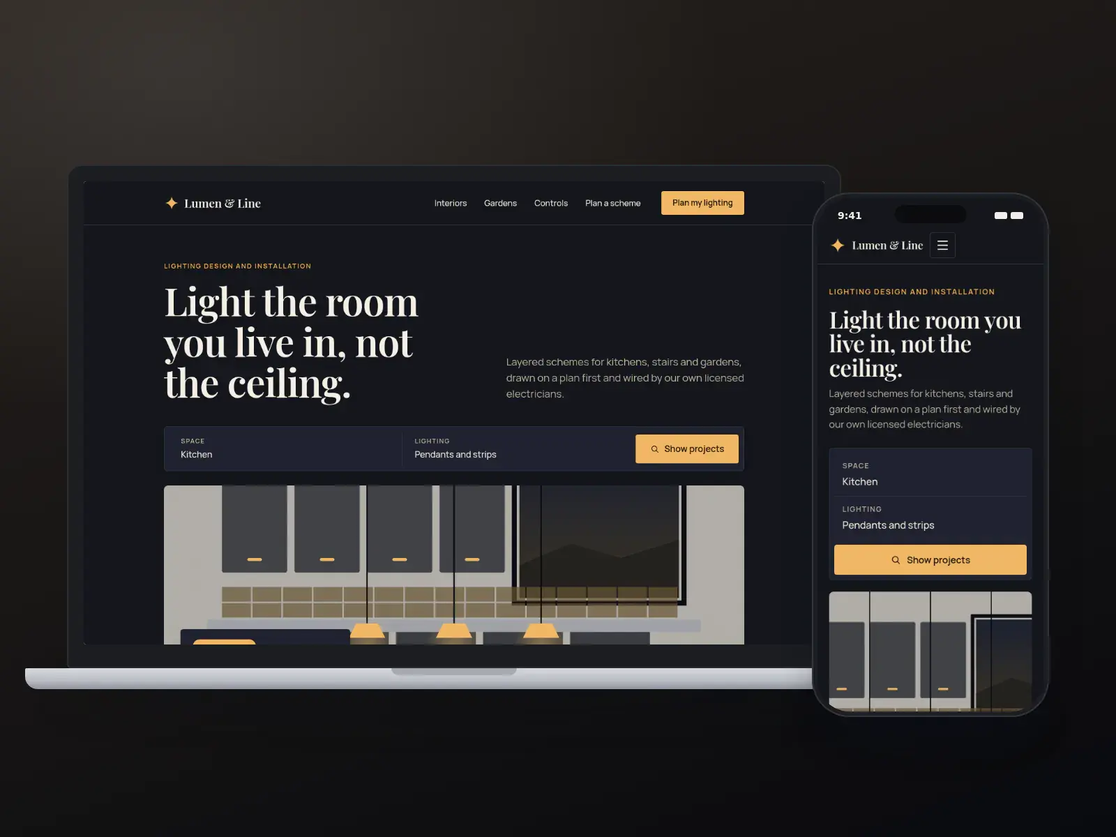 Lumen & Line Lighting, a midnight and warm filament lighting design website on a laptop and a phone, with a gallery of lit kitchens and gardens and a project search bar.