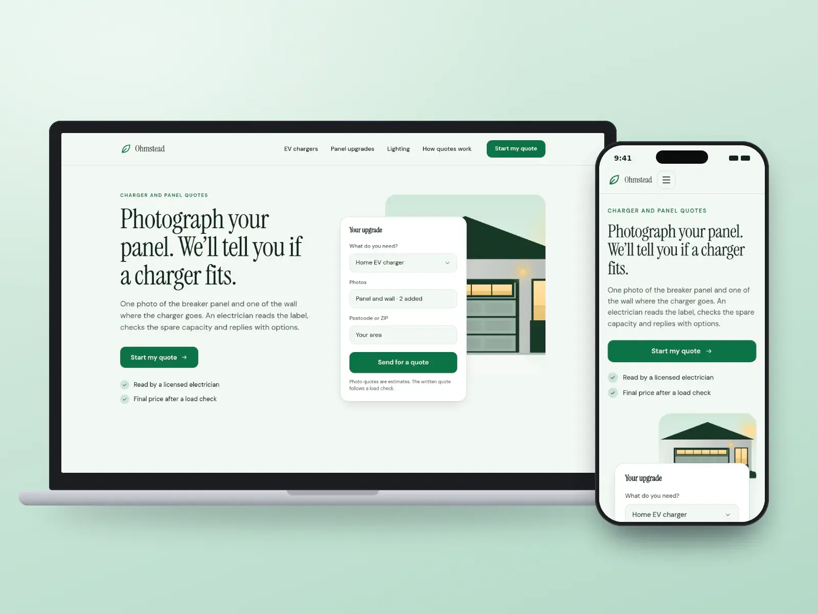 Ohmstead Electric, a green and fog EV charger and panel upgrade website on a laptop and a phone, with a photo-quote form beside a garage and car illustration.
