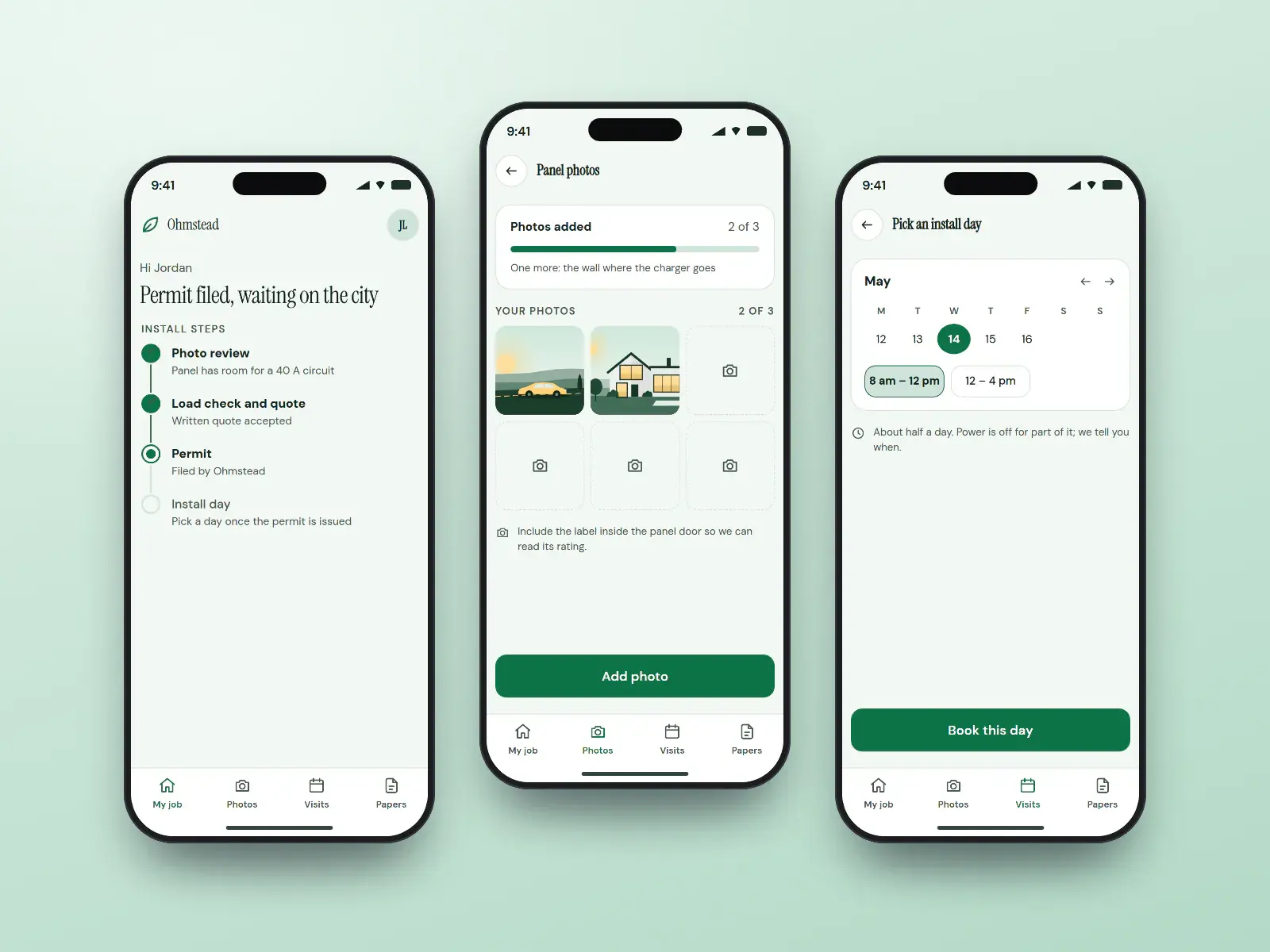 Ohmstead charger install tracker, four green and white phone screens: photo upload, an install timeline with the permit step, an install-day picker and an inspection passed screen.