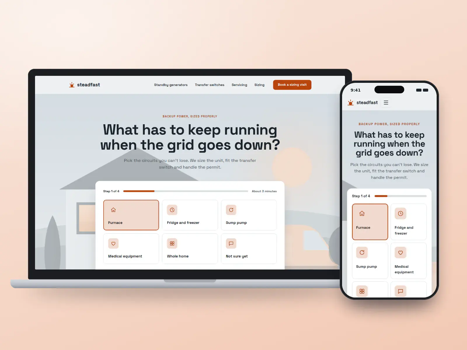 Steadfast Generator & Electric, a storm slate and signal orange generator website on a laptop and a phone, with a step-by-step picker for the circuits that must stay on.